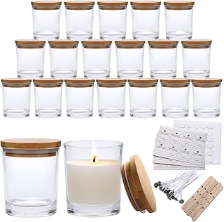 Salzesfalls 6oz Glass Candle Holders with Bamboo Lids, Clear Tealight Candle Holder,Clear Votive Candle Holders -20 Pack for Festival Decor/Wedding Propose Parties Holiday and Home Decor
