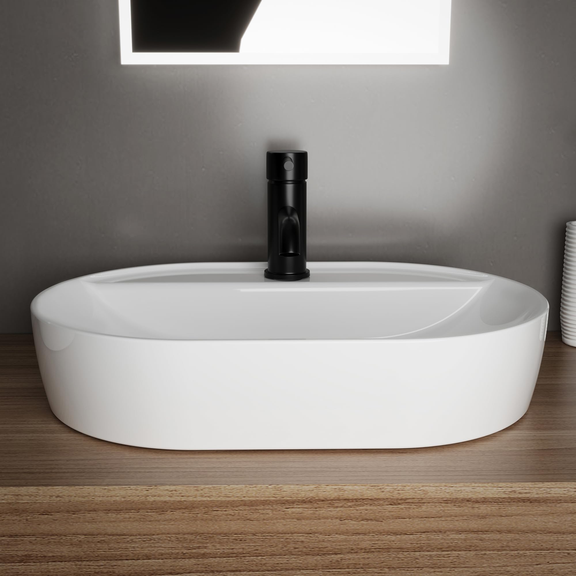 Alpenberger Waschbecken 60 cm Breit | Aufsatzwaschbecken Oval | Waschschüssel mit Nano für Badezimmer und Gäste WC | Waschtisch Klein | Waschschale mit Hahnloch