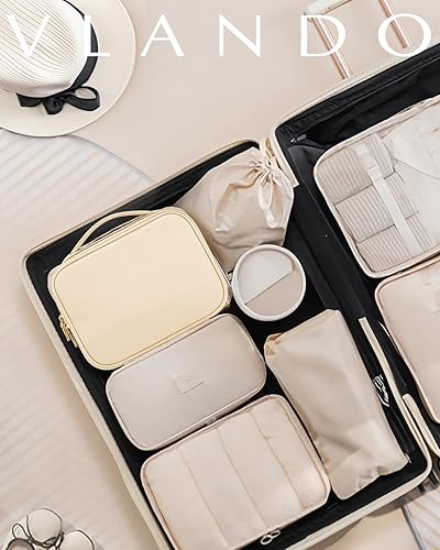 Miniatura 4 de Vlando Bolsa de maquillaje de viaje de piel sintética, bolsa de maquillaje grande, organizador de cosméticos, bolsa de viaje de maquillaje portátil