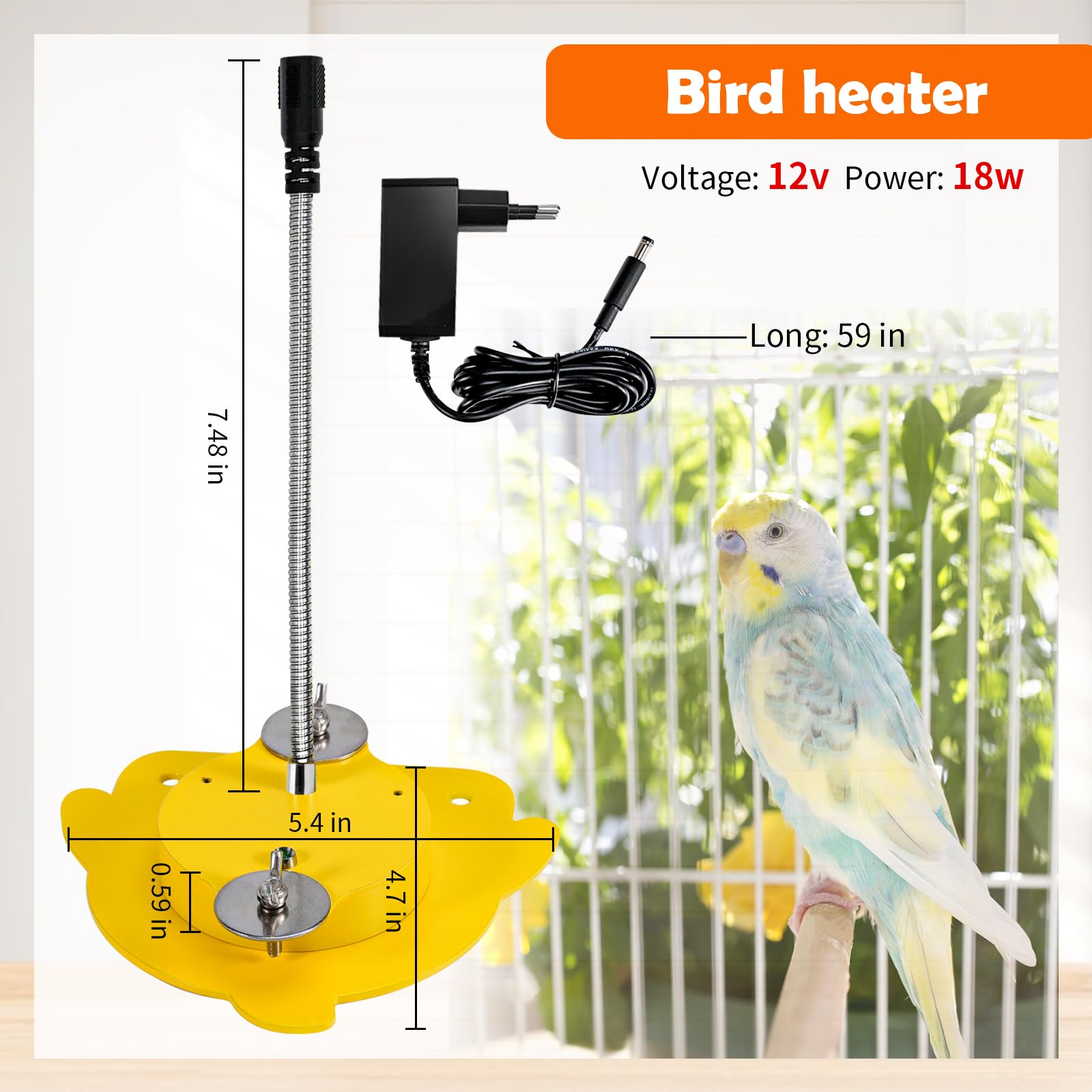 Calentador de pájaros para jaula, calefactor de pájaros con soporte de pájaros, calefacción termostática del gallinero, 12 V, calefacción para pequeños animales, loro, pollito, hámster