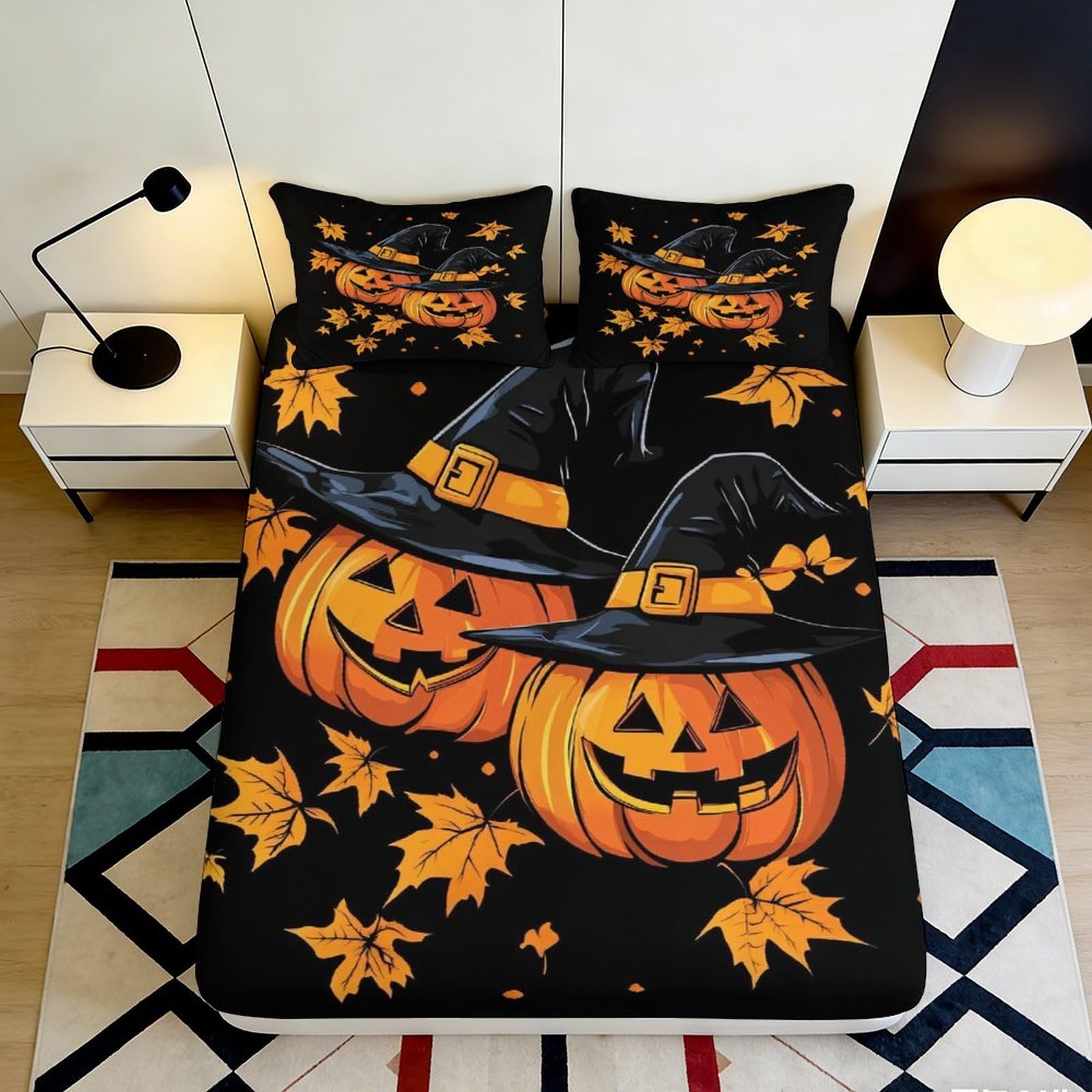 3D Printed Halloween Pumpkin Witch Hat Fitted Sheet Microfiber Soft Breathable Autumn Leaves Bed Cover for Dormitory Guest Room Mattress Protection 140x200x25cm