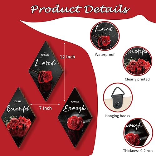 Miniatura 4 de 3 piezas de decoración de pared roja de madera rosa con citas positivas You Are Beautiful decoración de pared roja y negra, decoración de pared para