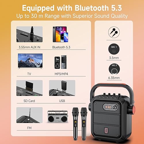 Miniatura 4 de JYX Máquina de karaoke con 2 micrófonos inalámbricos, altavoz Bluetooth portátil con correa de hombro, sistema de PA con soporte para subwoofer TWS,