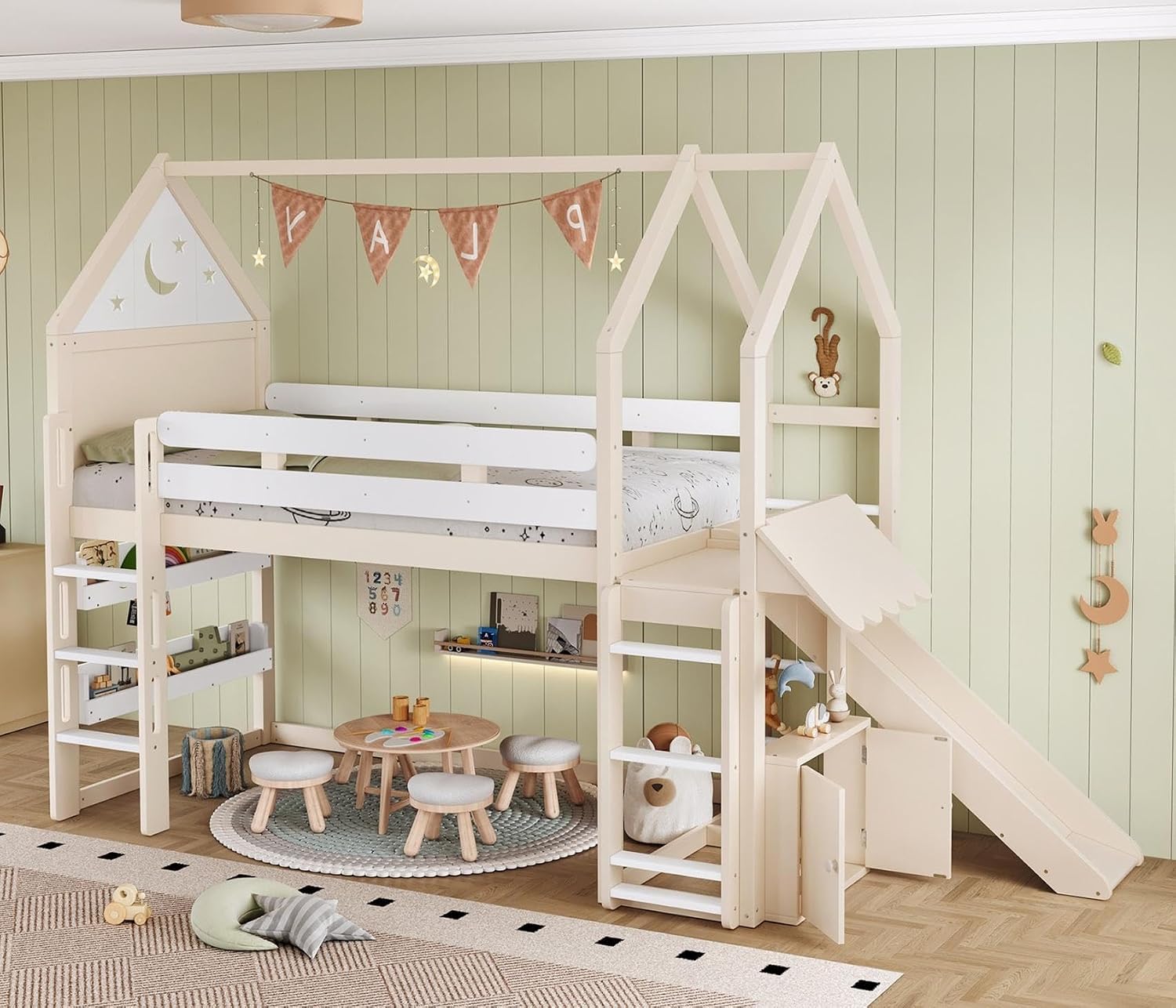 KEIKI Kids House-Shaped Twin Low Loft Bed Frame with Convertible Slide & Ladder, Solid Pine Wood Twin Size Loft Bed with Under-Bed Playhouse, Bookshelf, Safety Guardrail, for Teens Girls Boys