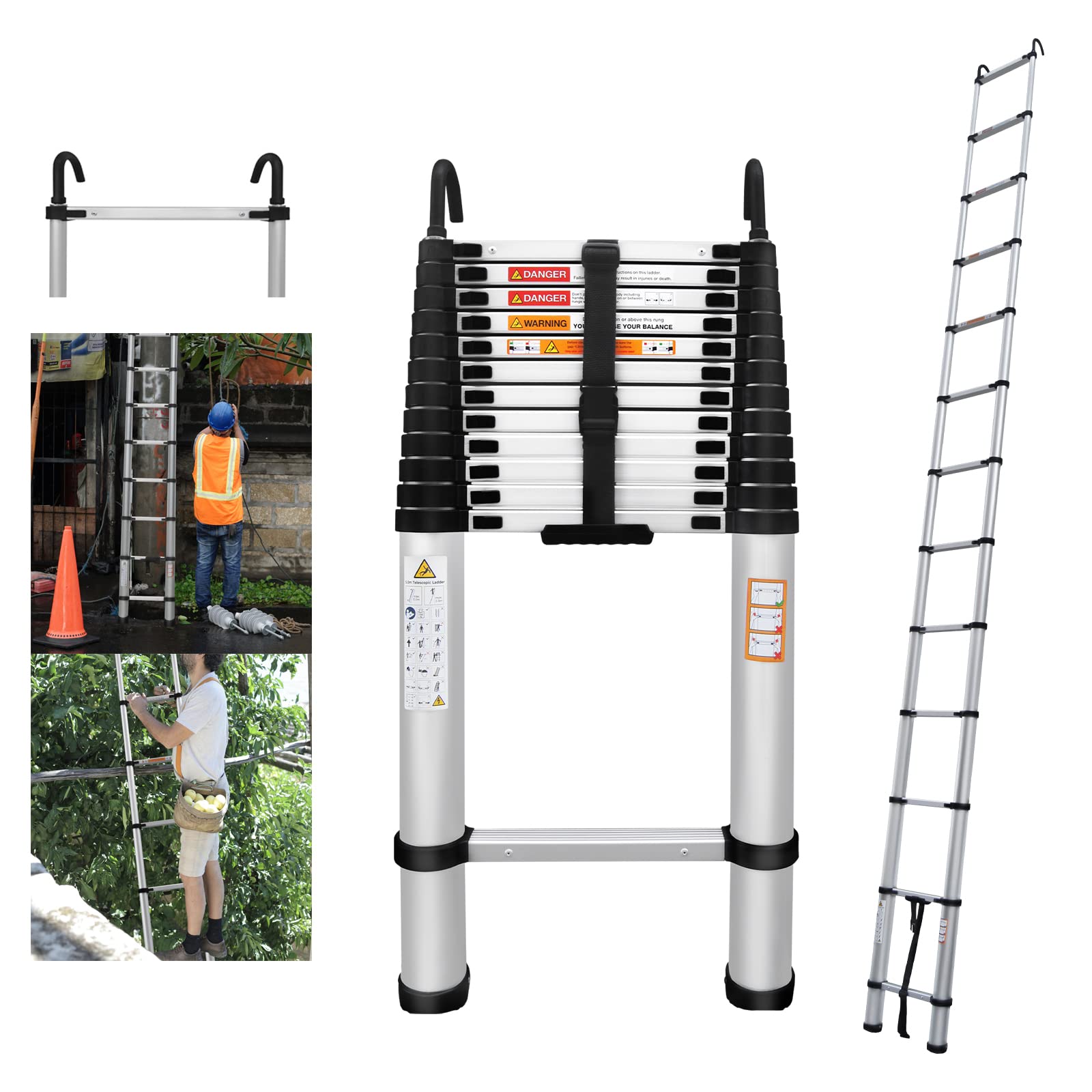 Jupitor Aluminium Telescopic Ladder 5M/16FT, Extension Ladder with 2 Detachable Hooks, Max Load 150kg, EN131, Silver