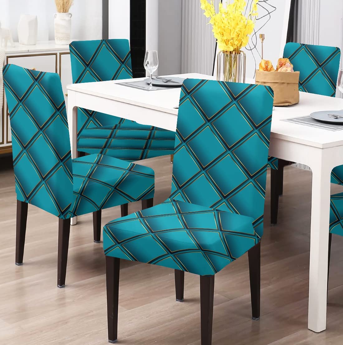 BRIDA® Stretchable Floral Geometric Printed Dining Chair Covers Set of 4 Seater Elastic Chair Seat Case Protector, Slipcovers (4 Chair Cover, Teal Geometric),Polyester;Polyester Blend