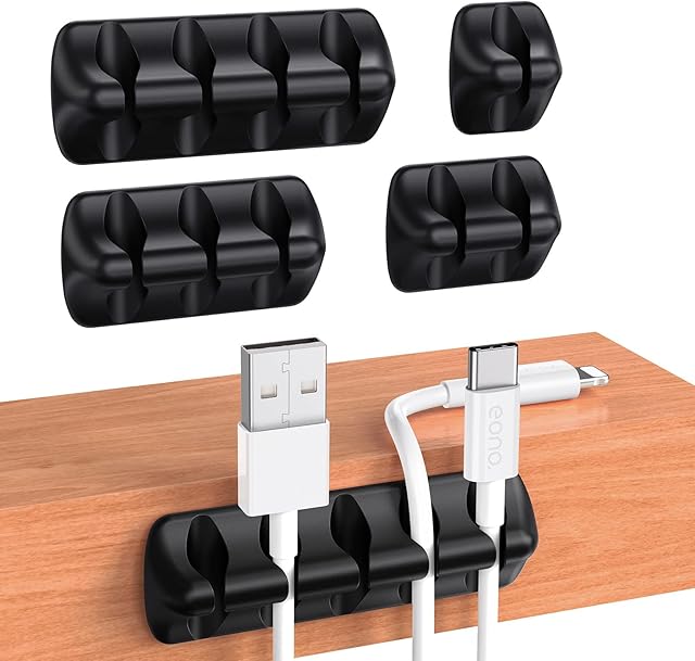 Amazon Brand - Eono Cable Management, 5-Pack Cable Tidy Holder Clips, Cable Organisers, Silicone Self Adhesive for Charging Cable USB Mouse Wire PC Office Home Cord - Black