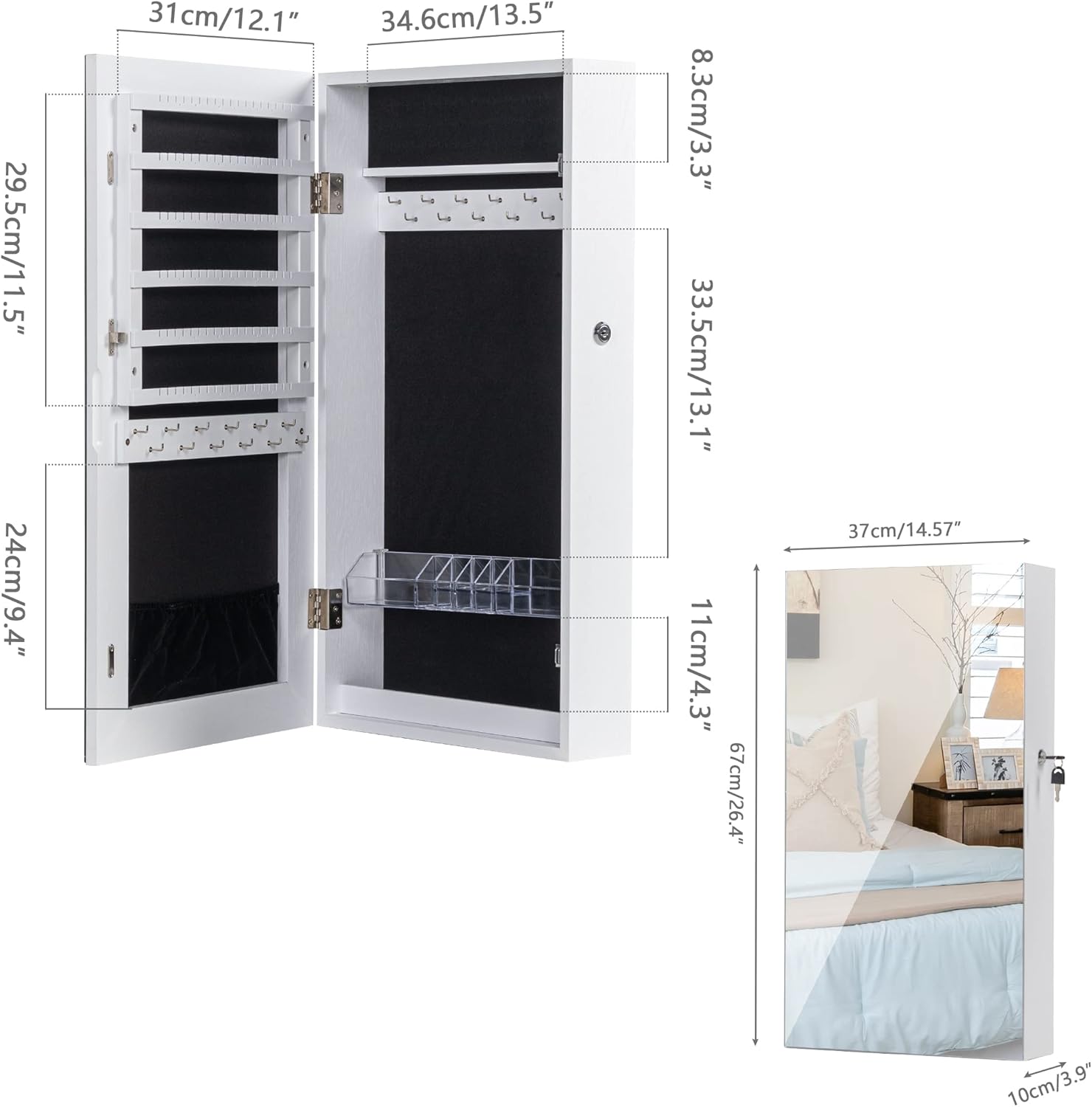 Wall-Mount Jewelry Cabinet With Frameless Mirror - Lockable, Lots Of Storage For Earrings, Necklaces, Rings