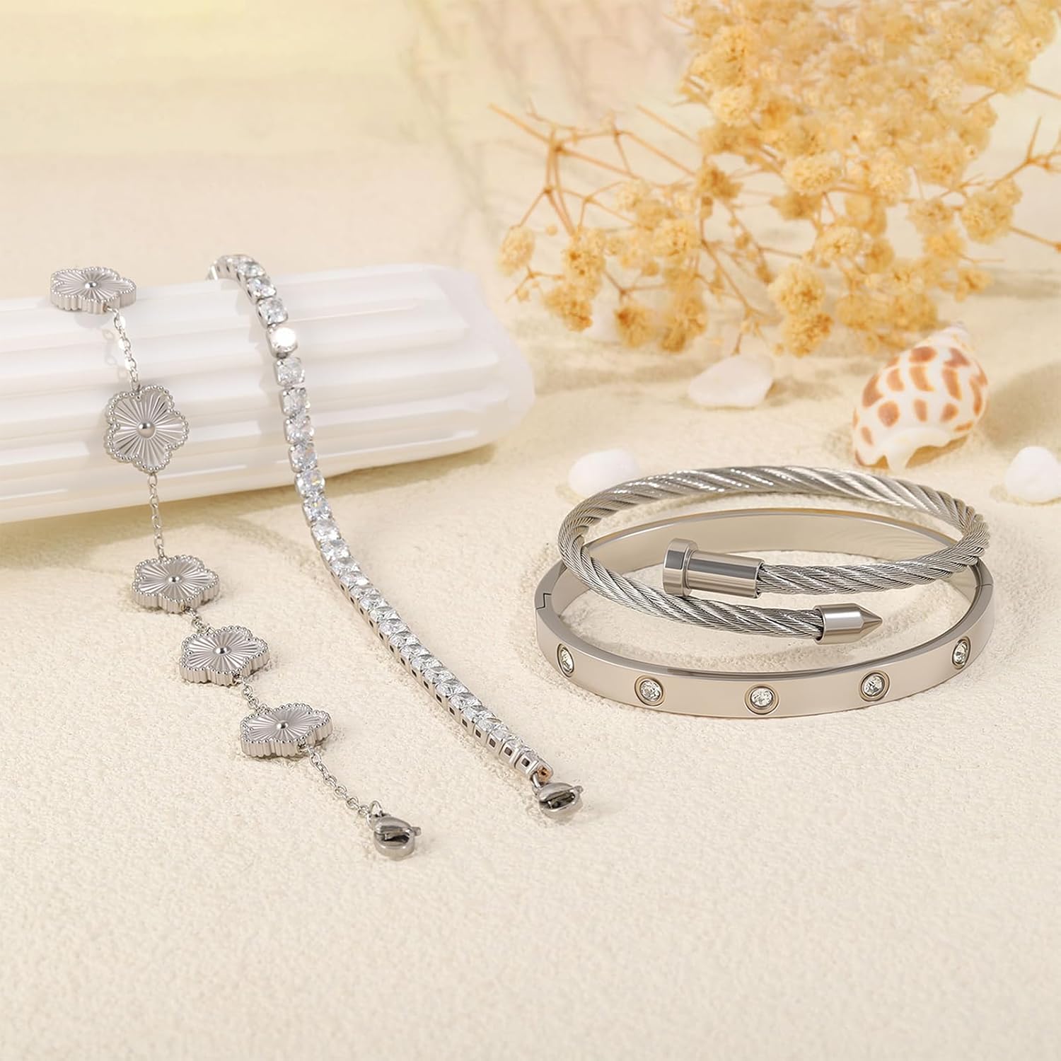 Gold Bracelets for Women-4Pcs 18K Gold Plated Love Bangle Tennis Clover Nail Bracel... - Image 6