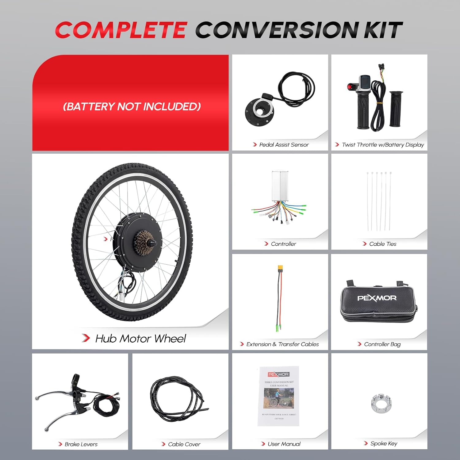 PEXMOR Electric Bike Conversion Kit, 48V 1000W 26" Rear Wheel E-Bike Hub Motor Kit, Upgrade 3 Mode Controller w/PAS/Twist Throttle with Battery Indicator Ebike Bicycle Wheel Kit