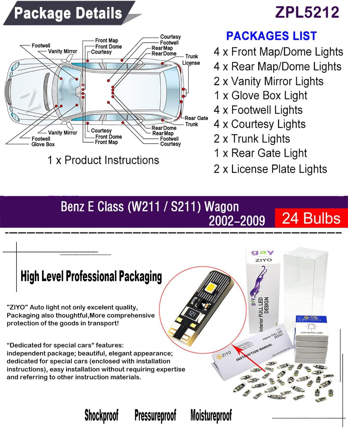ZIYO ZPL5212 LED Interior Light Kit for Mercedes Benz E Class Wagon S211 2002-2009, 6000K White Dome Lights Accessories Replacement Package, LED Light Bulbs Upgrade (24 Bulbs)