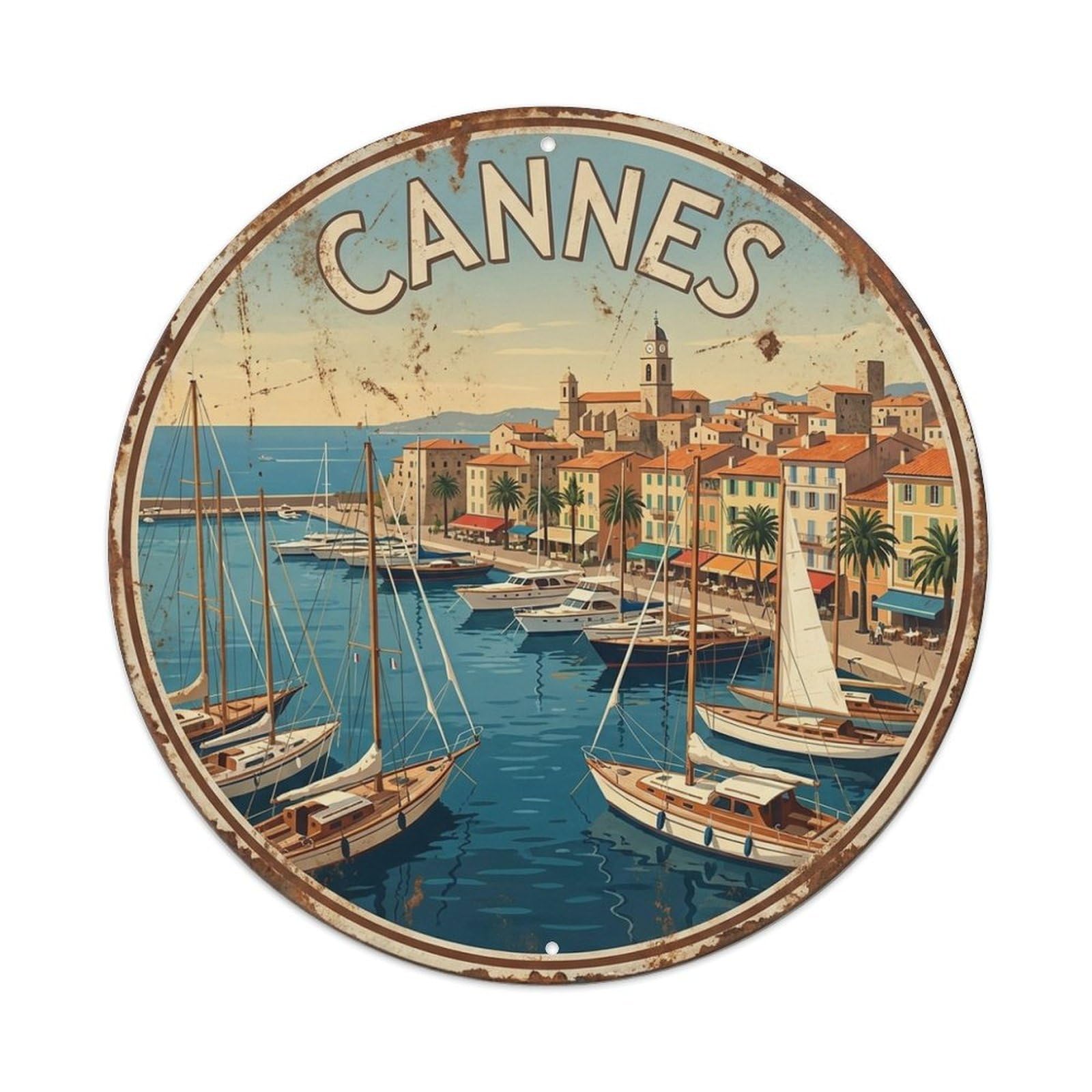Retro Cannes Harbor French Riviera Coastal Travel Metal Tin Sign