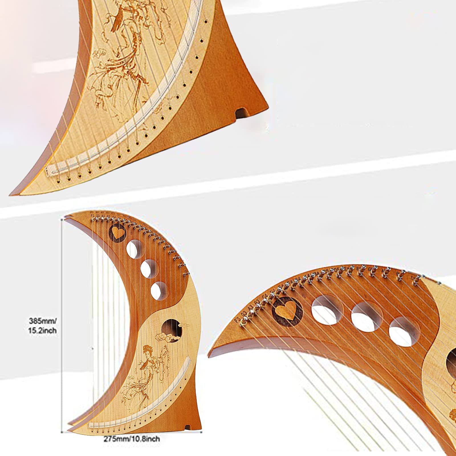 harfa liryczna, Lira Harfa 19 Strun dla Dorosłych, Metalowe Struny Drewniany Instrument Harfowy,Mahoniowa z Kluczem Strojeniowym