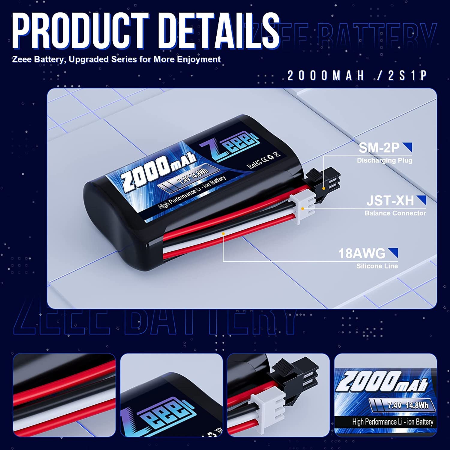 Zeee 2S Li-Ion Batería 7.4V 2000mAh con Enchufe SM2P y Cargador USB de 2 Piezas Compatible con RC Car MN D90/91, MN 99/99s, H101 H103 H105 RC Boat RC Truck (2 Piezas)