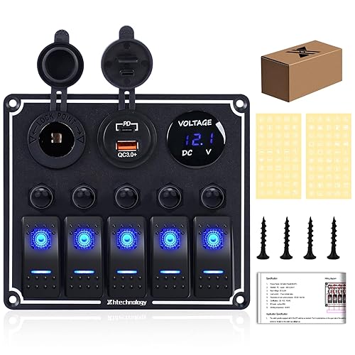 Vista 67 de Panel de interruptor de palanca impermeable de 6 cuadrillas 12V/24V Panel de interruptor basculante de aluminio con cargador USB doble, voltímetro