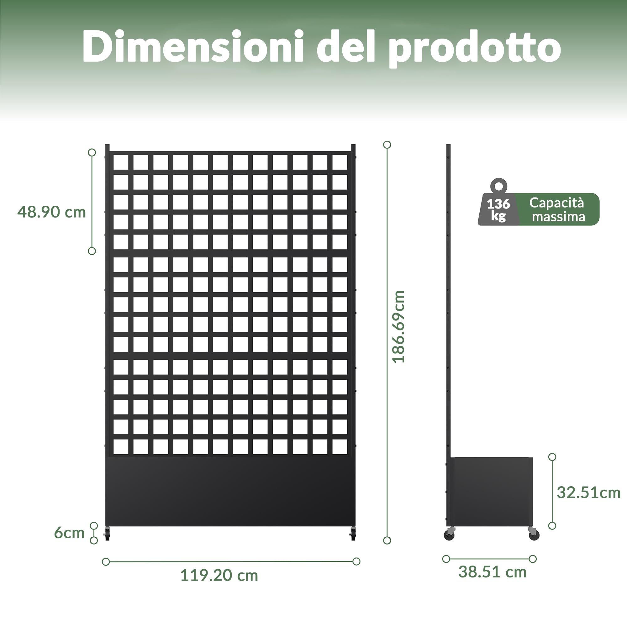 Vaso rialzato metallico 33 cm con schermo privacy, traliccio rampicante e ruote, antiruggine resistente intemperie, autoportante per fiori pomodori piante rampicanti (2 Pezzi)