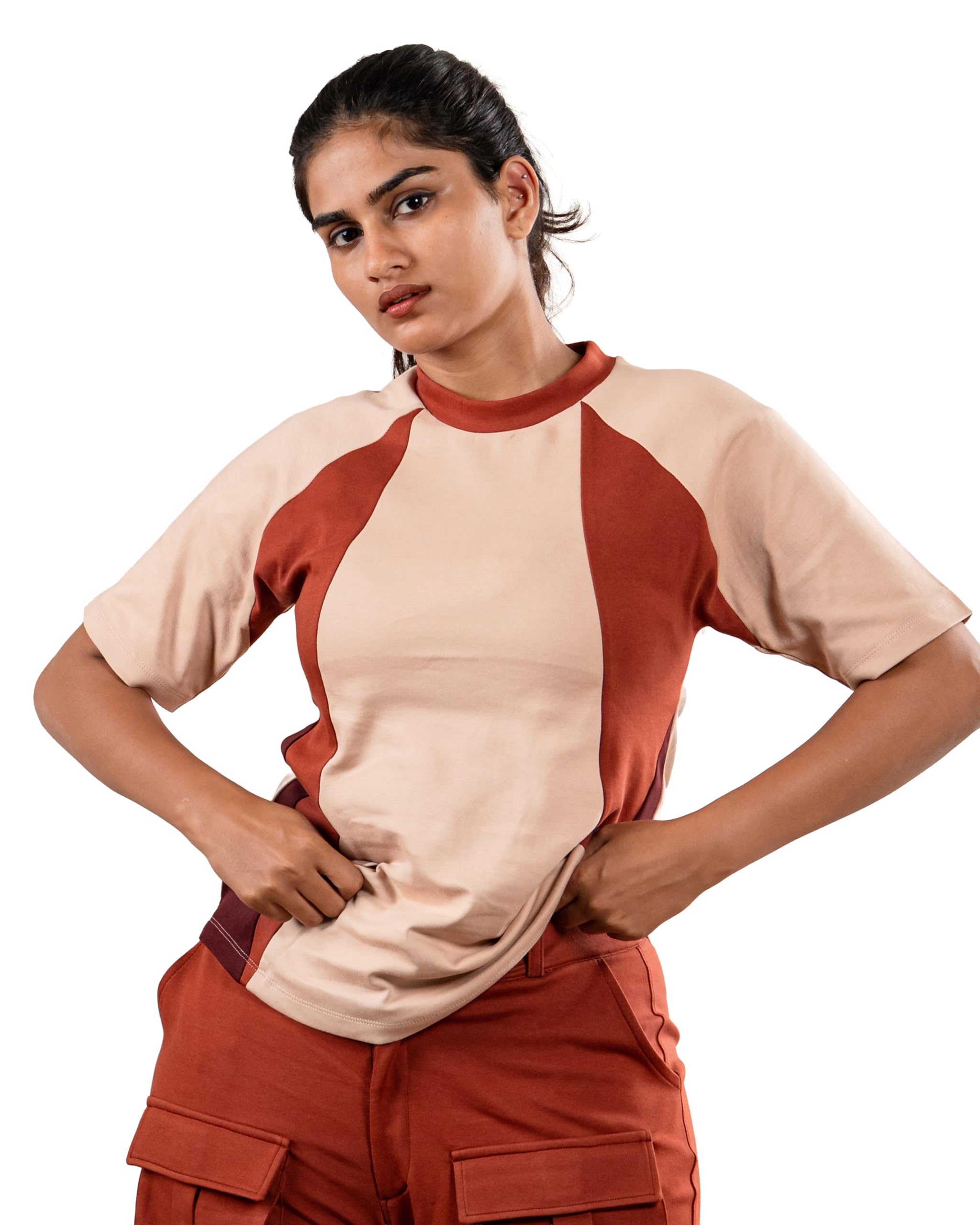 Brown Color Block Tee: Casual Cool Cut Style-image-14