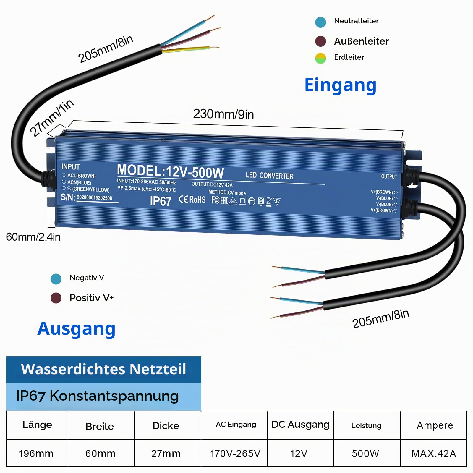 LED Trafo 12V 500W 42A, trafo 230v auf 12v 500w, LED Treiber Netzteil 12v