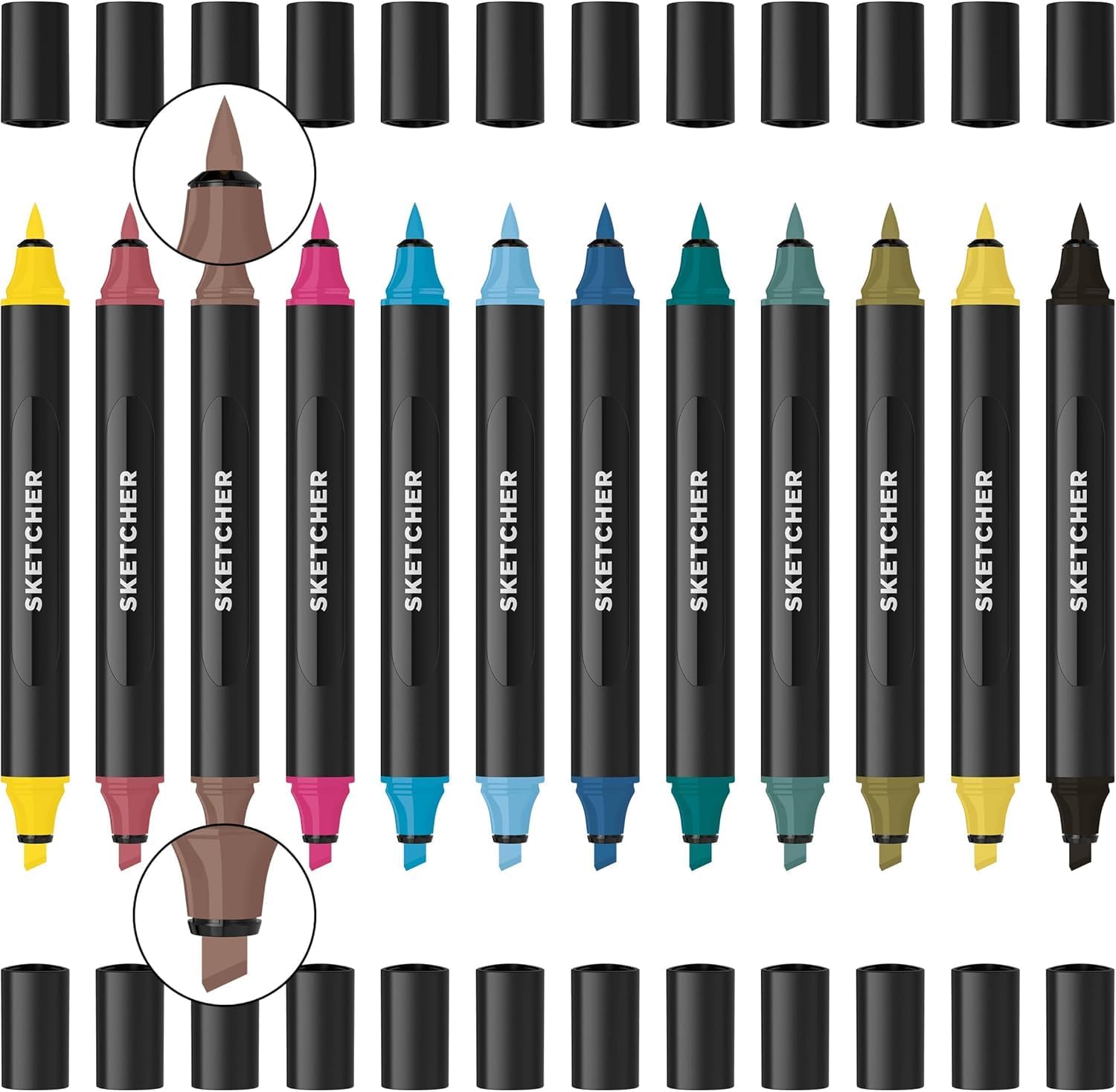 Sketcher Twin Tip Molotow Marker Set 12 Pack - Aqua Pro Ink Dual Nib 2-5mm Ink Pen Art Drawing Bundle (Main 3)