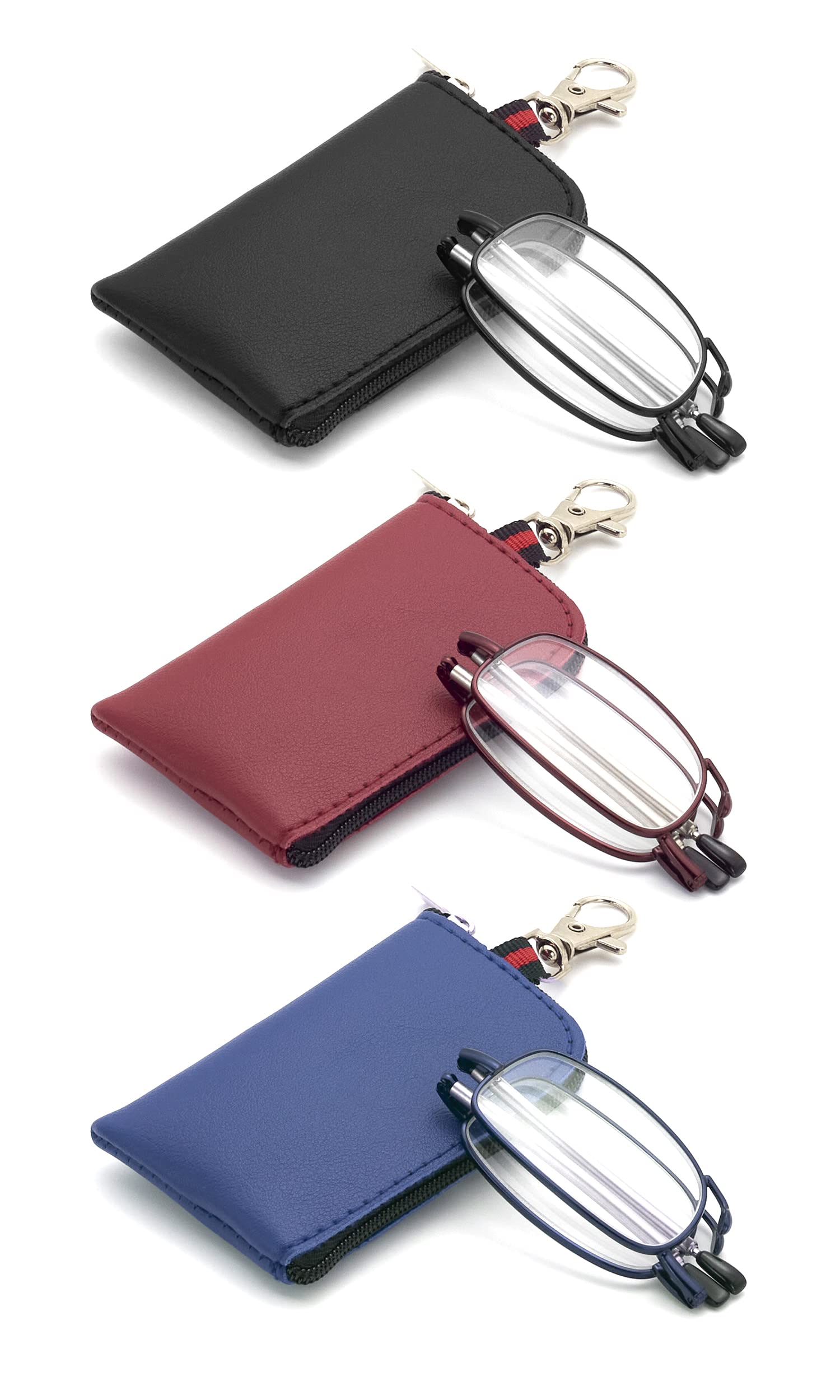 Autojouls Folding Reading Glasses, Key Chain Bag Readers Compact Easy Carry Readers Glasses (3-Pack, Black Blue Red 2.0 x)
