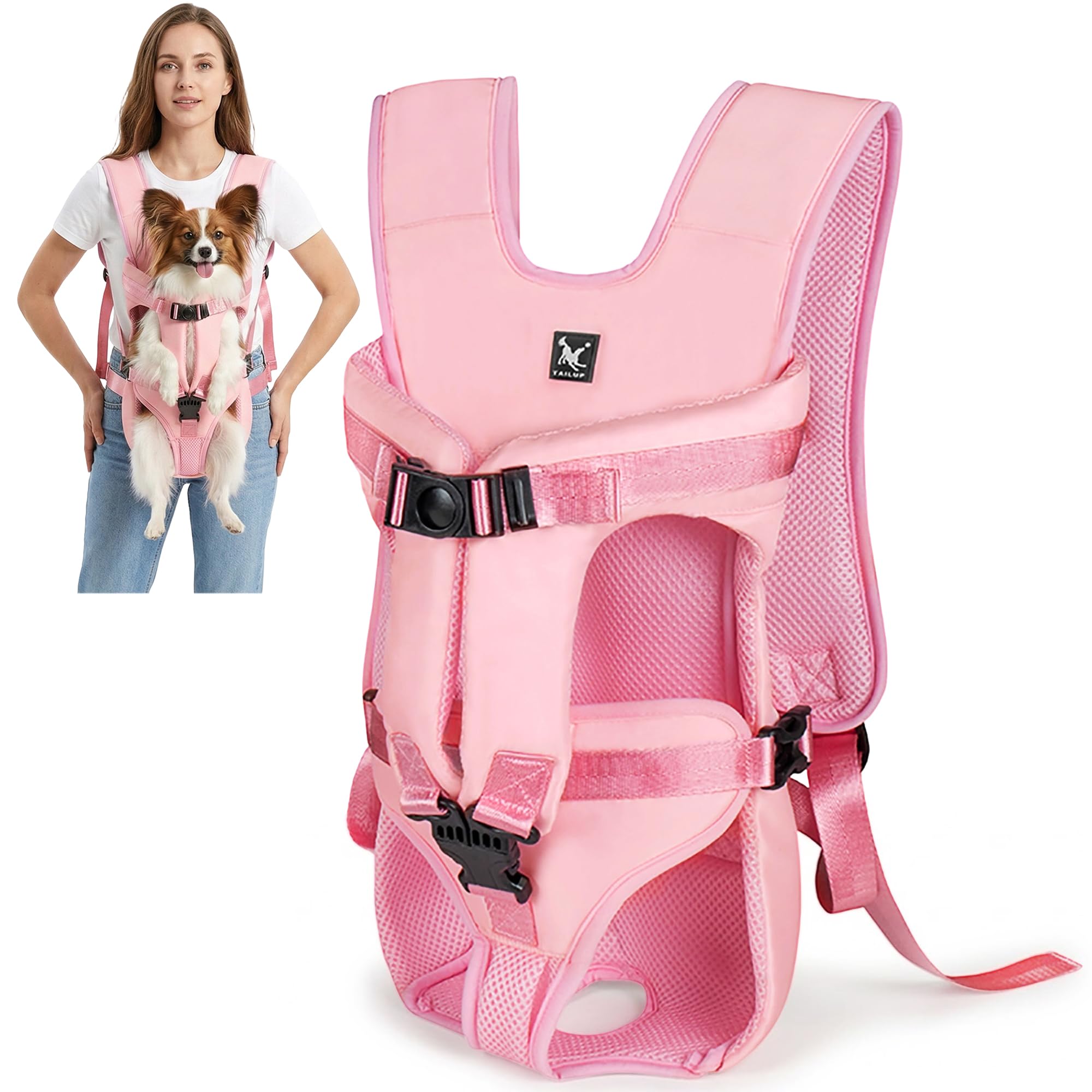 ALLSOPETS Mochila para Perros Frontal Ajustable, Mochila Transportadora para Perros Pequeños y Medianos, Portátil para Ciclismo, Senderismo y Viajes (Rosa Pastel, XL)
