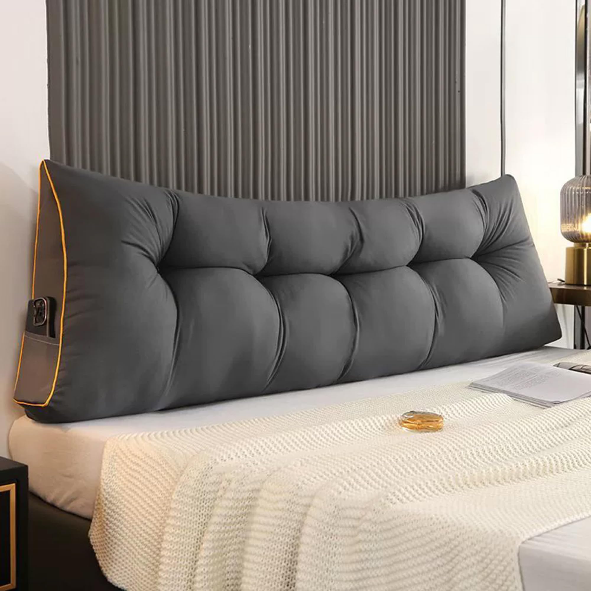 Hruile Triangular Headboard Reading Cushion, Ergonomic Backrest Support Cushion for Bed & Sofa, Bed Backrest Positioning Support Pillow, Lumbar Back Rest Bolster (180x50x15cm,Dark Gray)