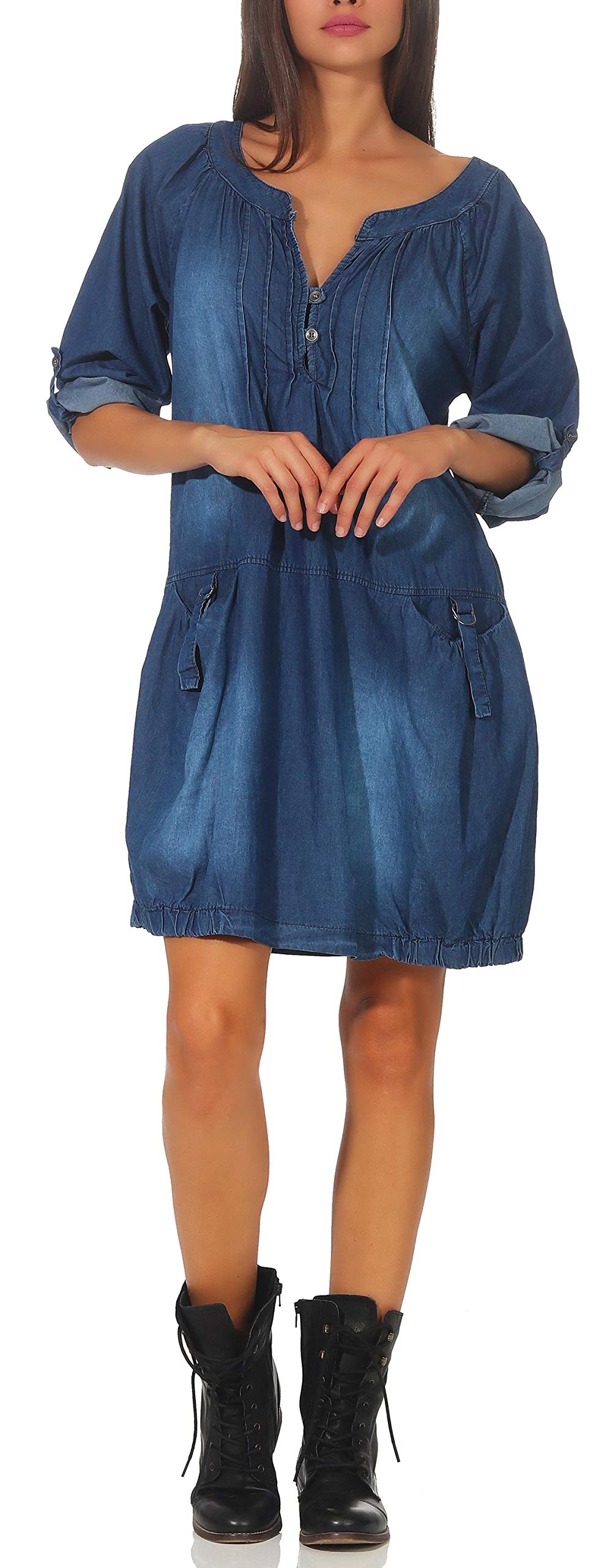 Malito – Langarm Jeanskleid Damen mit Taschen – Unisize Maxikleid für Sommer, Herbst & Winter – schickes Blusenkleid 6255 (Größe 36-42)