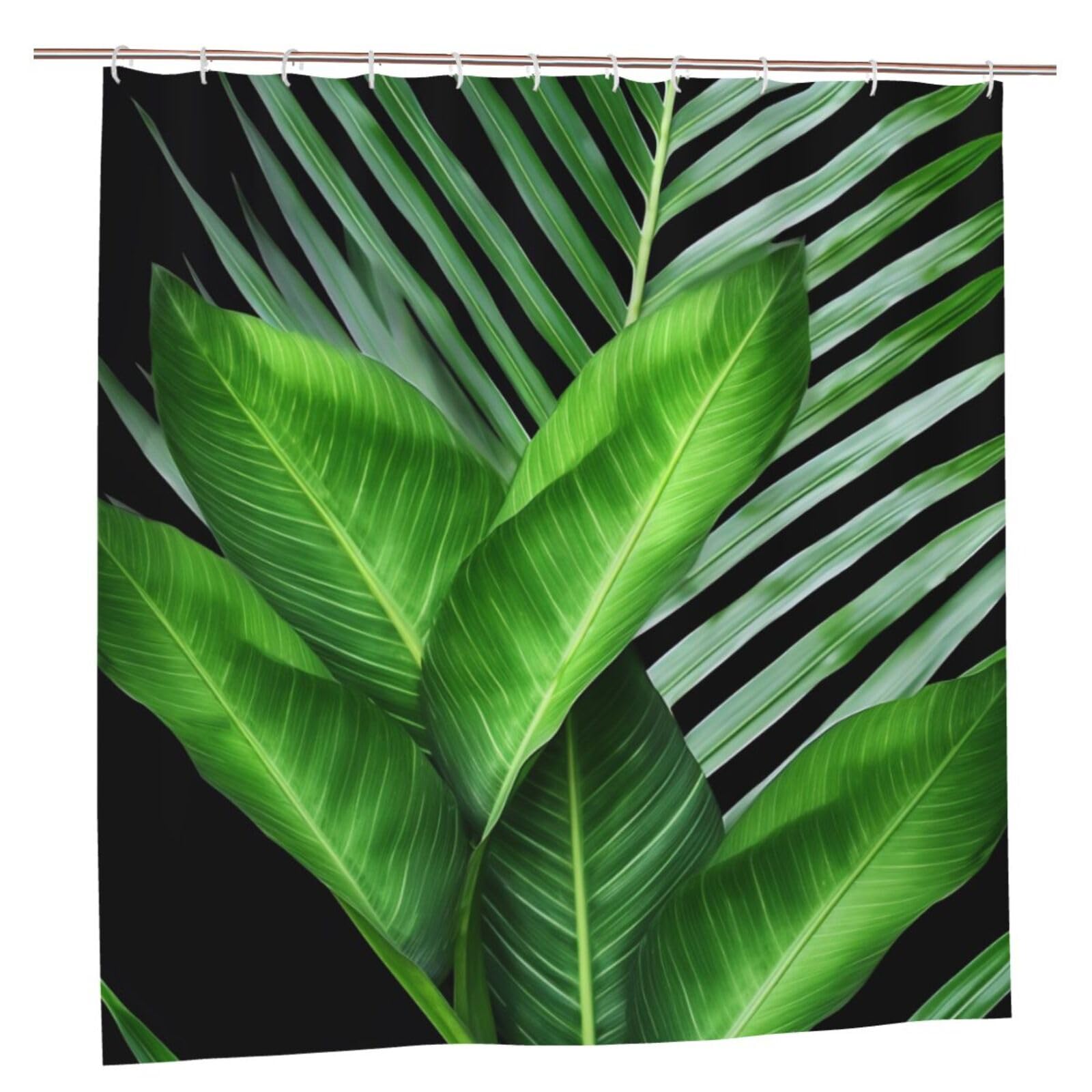 BWWHCCTI Green Palm Leaf Printed Shower Curtain With 12 Plastic Hooks Opaque Quick Drying Waterproof Shower Curtains Sets For Bathroom 183x183 CM