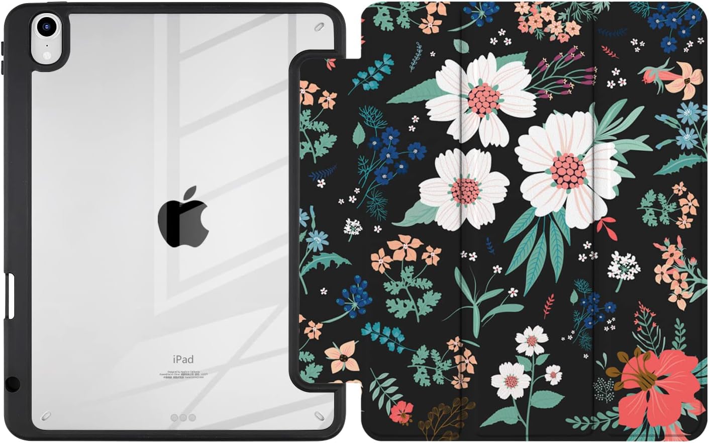 Batianda Case for 11-inch iPad Air 2025 M3 2024 M2 Chip/iPad Air 5th/4th 10.9 inch [Built-in Pencil Holder] Shockproof Cover with Clear Transparent Back Shell TPU Bumper Auto Sleep/Wake, Flowers