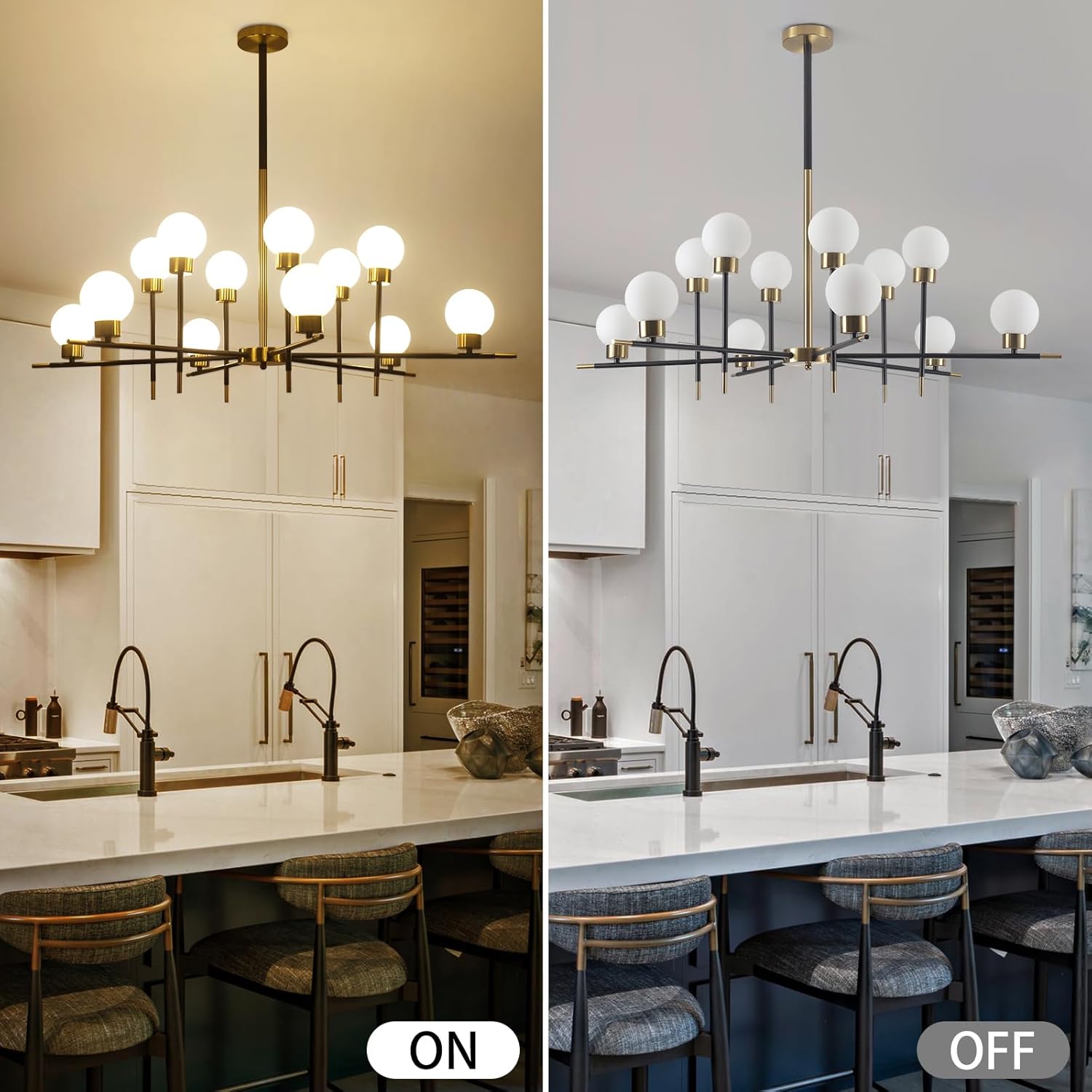 12-Light Glass Globe Sputnik Chandeliers Black and Gold Sputnik Light Fixture White Globe Modern Chandeliers for Dining Room Farmhouse Kitchen Living Room Bedroom