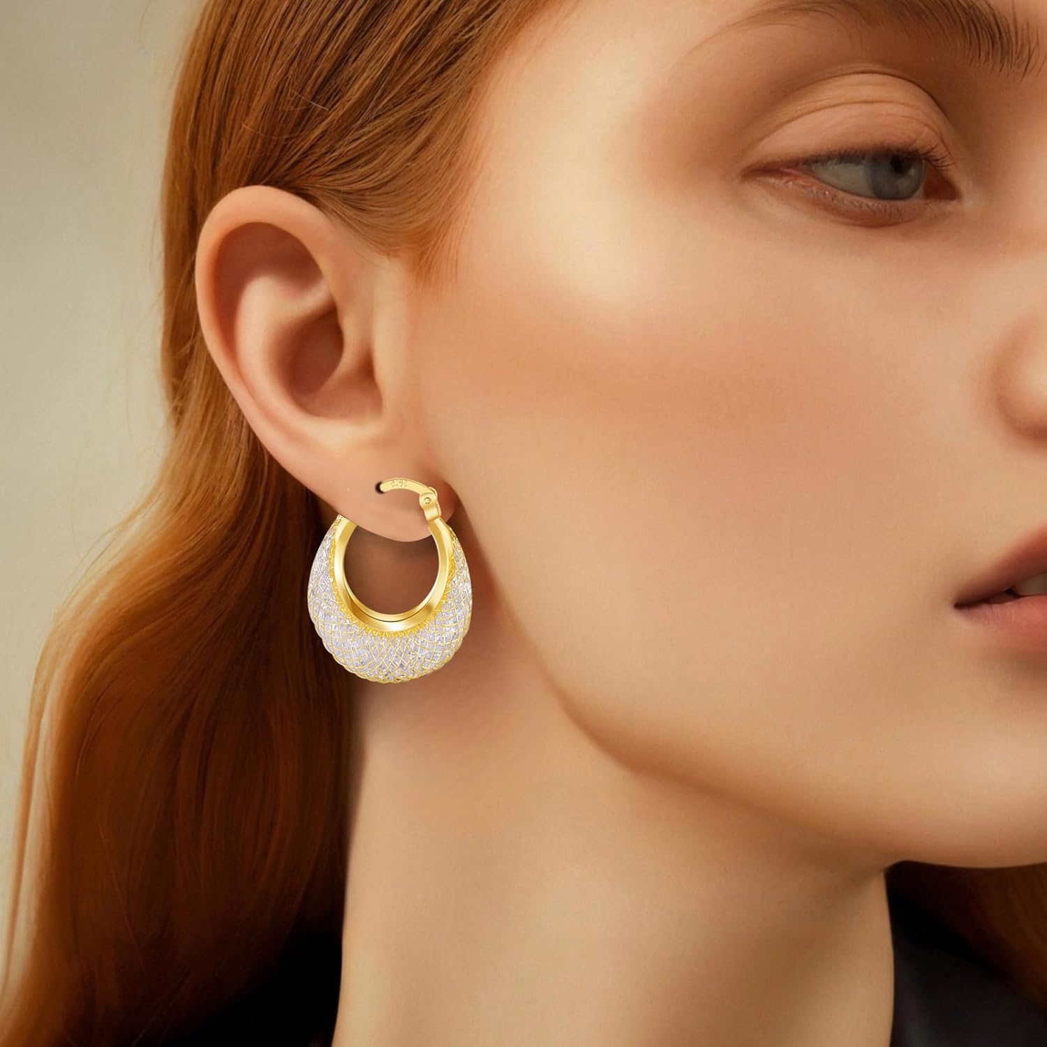 14K Gold Plated 23–25mm Lightweight Mesh Hoop Earrings for Women, Cubic Zirconia, 925 Sterling Silver Post, Hypoallergenic - Image 8