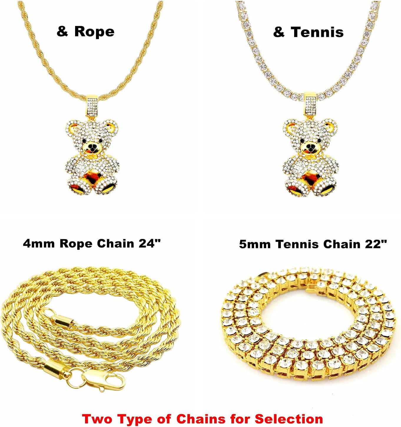 Mens Hip Hop Iced Out Chain Necklaces Silver Gold Monkey | Bear | Lion Pendant Chains Bling Rapper Jewelry (Gold Bear, Cuban Link Chain) - Image 2