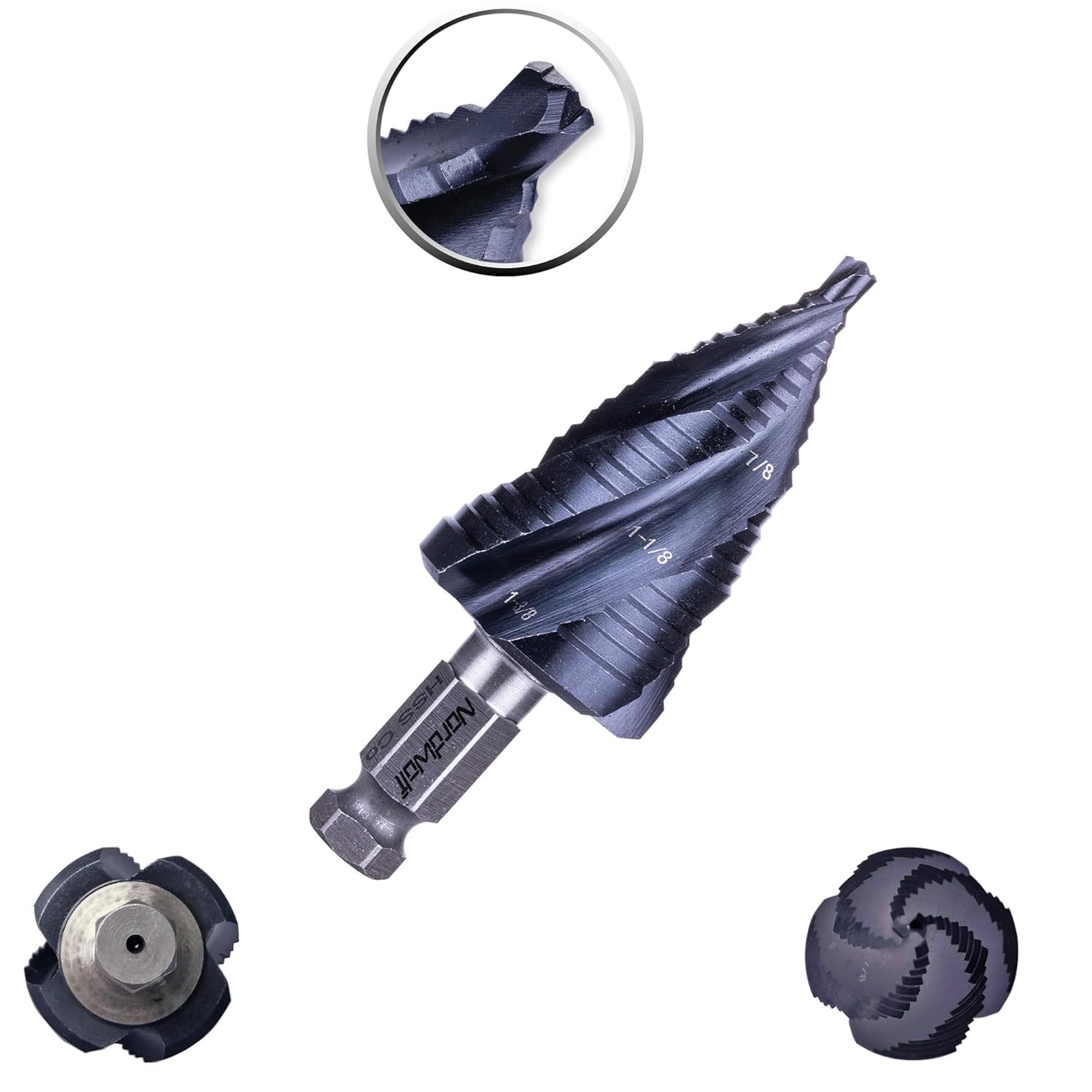 NordWolf HSS Cobalt Step Drill Bit, Four Spiral Flutes Impact Ready with 7/16" Hex Shank Unibit for Stainless Steel, Aluminum, Copper & Hard Metals, 19 SAE Step Sizes 3/16" to 1-3/8"