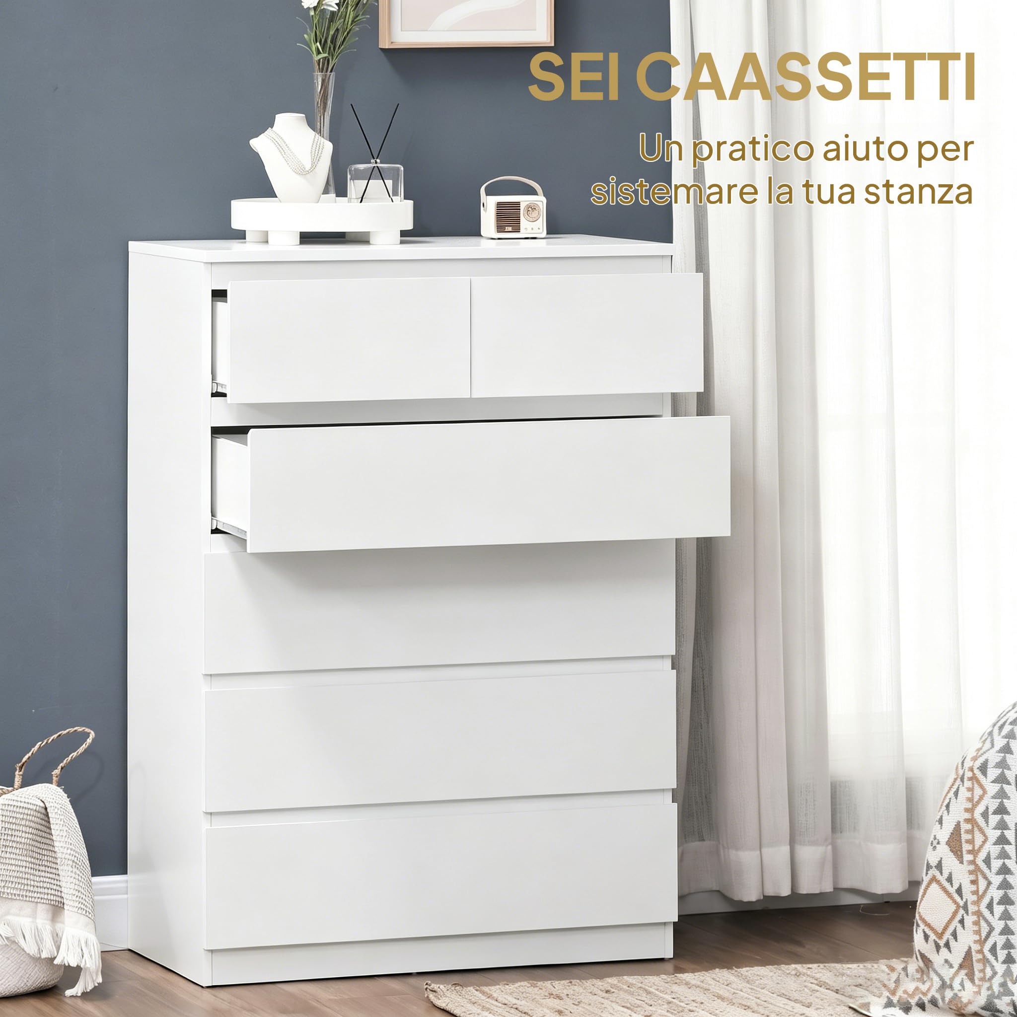 HOMCOM Cassettiera 6 Cassetti Design Antiribaltamento 80x39x115 cm Bianco | Mobile Contenitore, Legno Truciolato, Camera da Letto