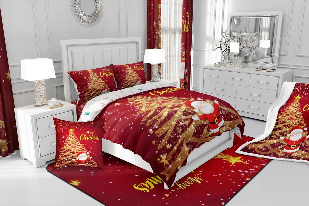 Feelyou Merry Christmas Tree Sheets Glitter Golden Christmas Santa Claus Bedding Set Queen Size Star Christmas Xmas Bed Sheets Christmas Luxury Sheets Set,1 Fitted Sheet+2 Pillow Sham+1 Flat Sheet
