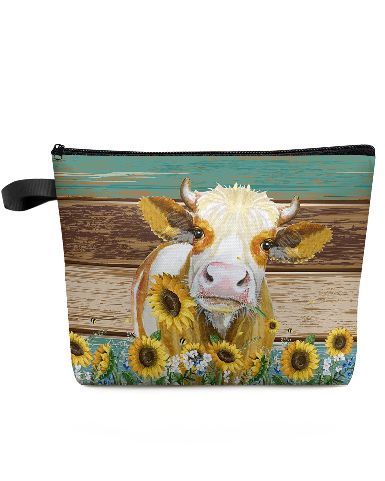 Livencher Waterproof Makeup Bags for Women - Travel Accessory Cosmetic Bag - Cute Travel Makeup Bag Cute Farm Cow Sunflowers on Rustic Blue Brown Barn Wood Makeup Organizer Storage - 1 PCS