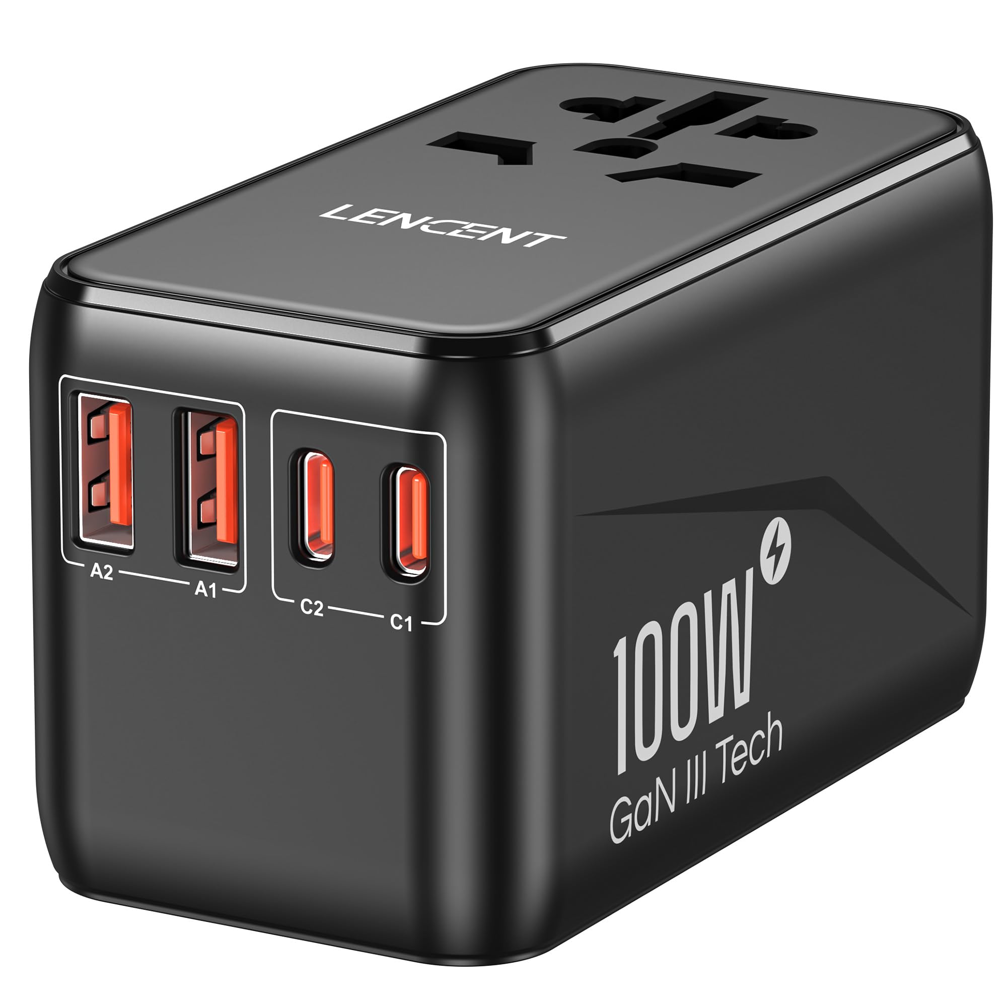 LENCENT GaN3 100W Adattatore Universale da Viaggio, Caricatore Internazionale con 2 USB QC4.0 e 2 PD3.0 Tipo-C PPS Ricarica Veloce, Caricabatteria Mondiale per Telefono, Adattatore Spina USA/UK/EU/AU