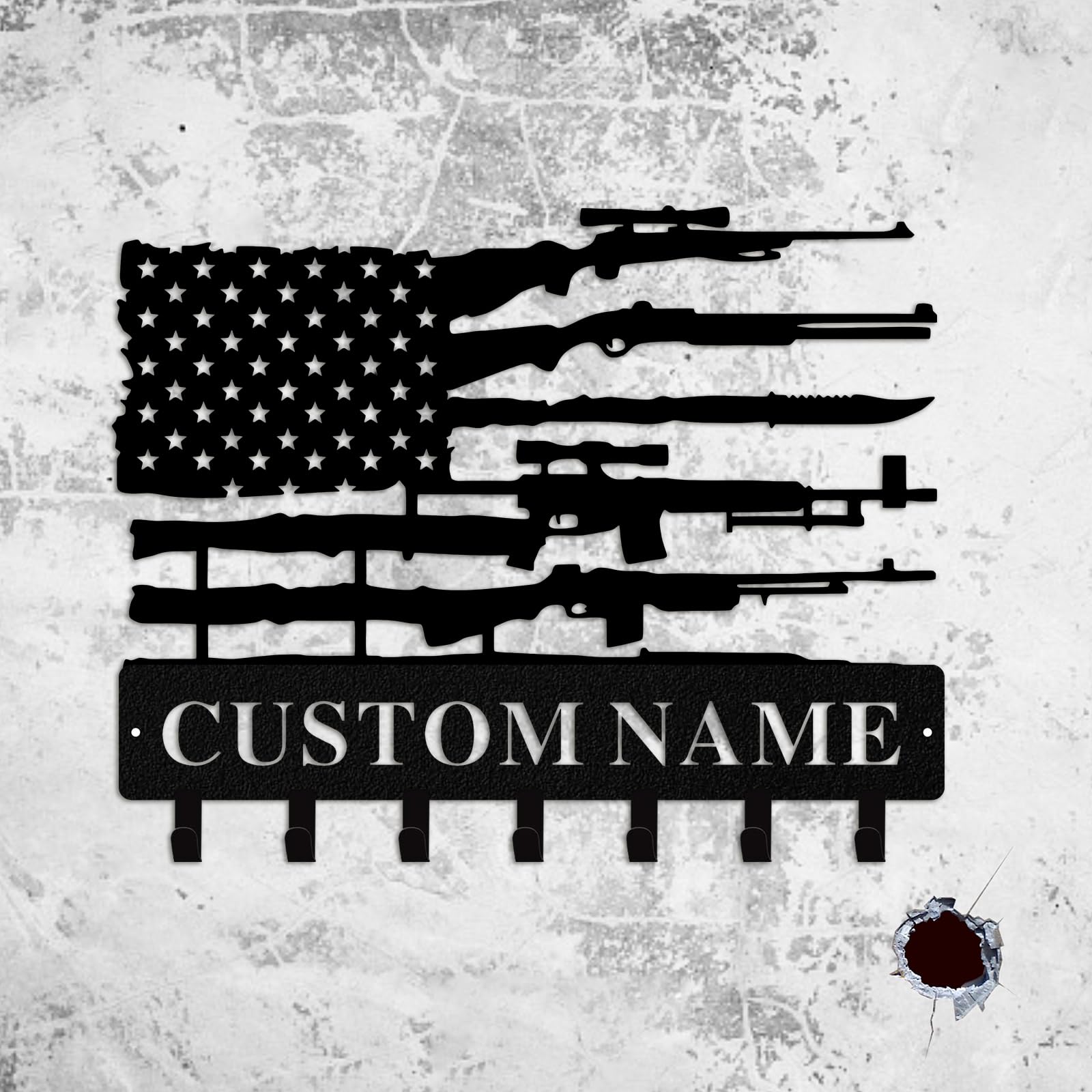 Quanqiuyi Personalized Gun Wall Hooks Custom Name Metal Gun Art Key Holder for,Fourth of July Independence Day, Front Door Hallway Bedroom Storage