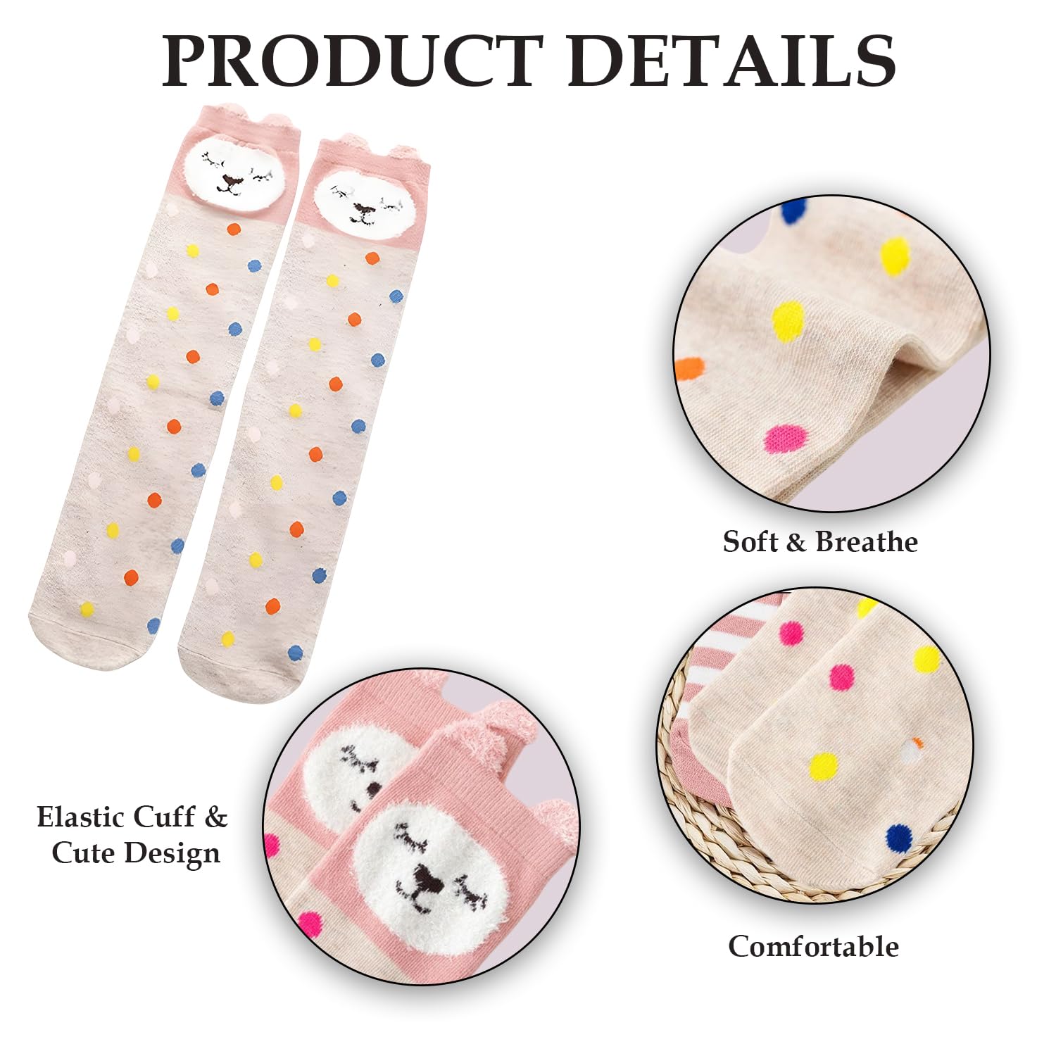 MOMISY 1 Pair of Baby Spring Winter And Autumn Combed Cotton Long Tube Knee-High Socks Suitable Age of 3 to 12 Years (PolkaBear, 3-12Y) 2