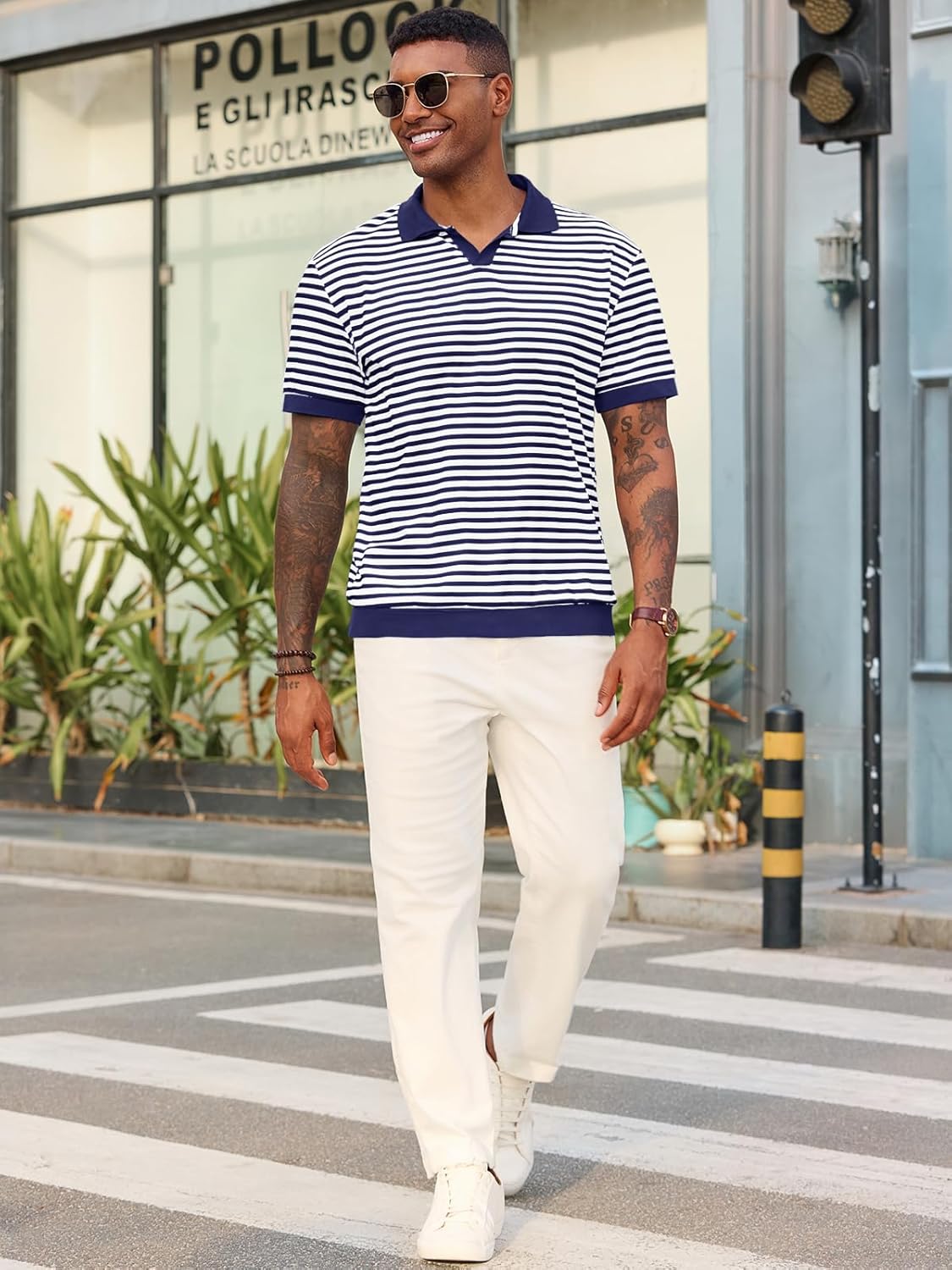Runcati Mens Knit Polo Shirts Short Sleeve Striped V Neck Golf Shirt Classic Casual Summer Tops - Image 5