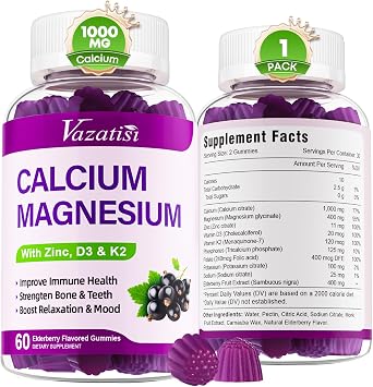Calcium Magnesium Zinc Gummies with Vitamin D3 and K2, High Absorption Magnesium Glycinate Potassium for Immune and Muscles, Vegan Elderberry Flavor 60 Gummies