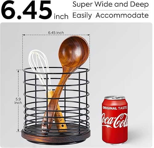 Miniatura 2 de Soporte giratorio de 360 para encimera de cocina, soporte de utensilios de cocina grande de metal y madera de 6.5 pulgadas con orificio de drenaje,