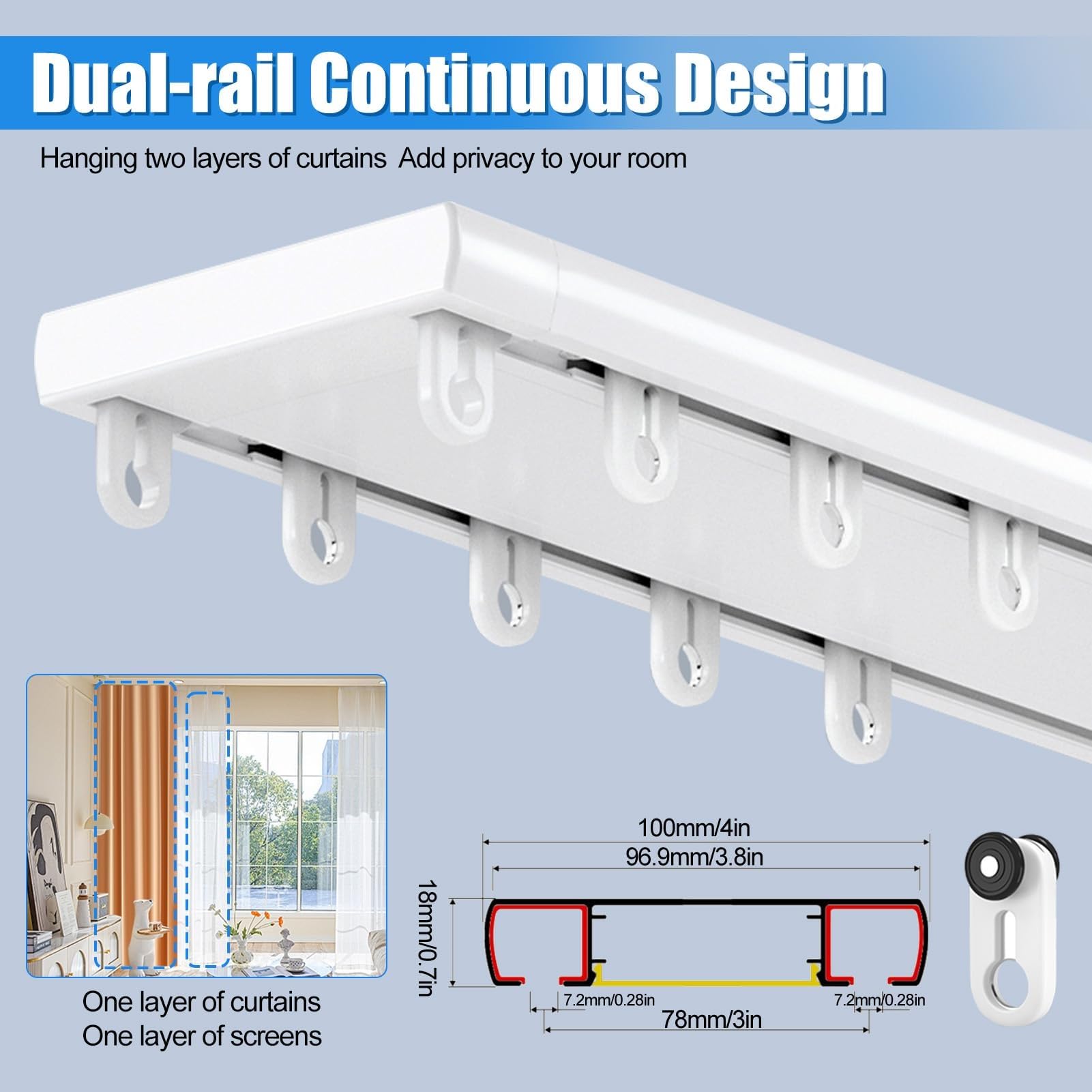 Système de rail de rideau réglable de 1 à 6 m - Double rail coulissant en blanc/noir - Parfait pour les cloisons de séparation et les plafonds lisses - Installation facile.