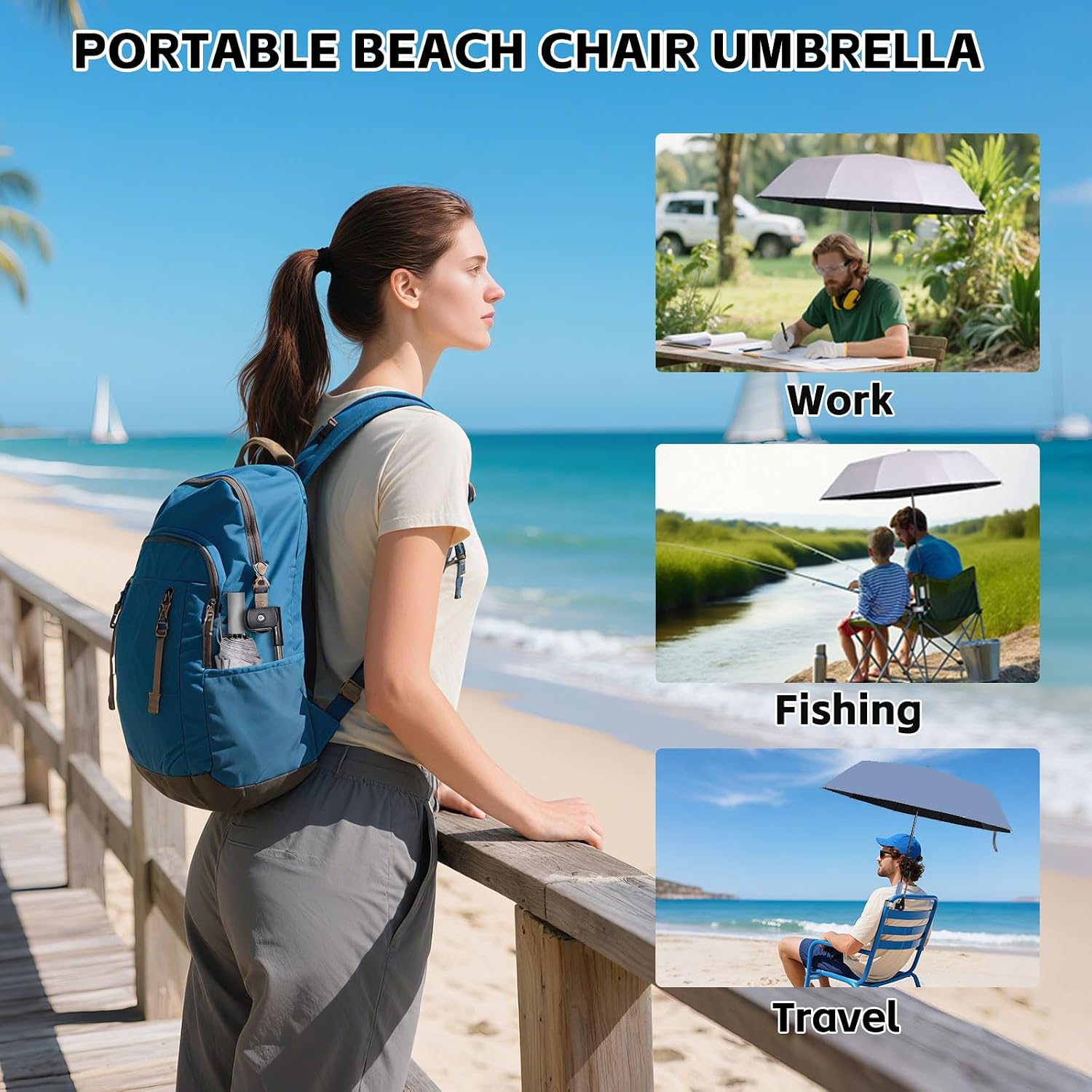 Beach Chair Umbrella with 360° Adjustable Clamp, 45in UPF 50+ Portable Folding Sun Shade for Outdoor Camping Wheelchair,Travel, Stroller, Patio, Golf Carts Plant Shade(Chair Not Included)