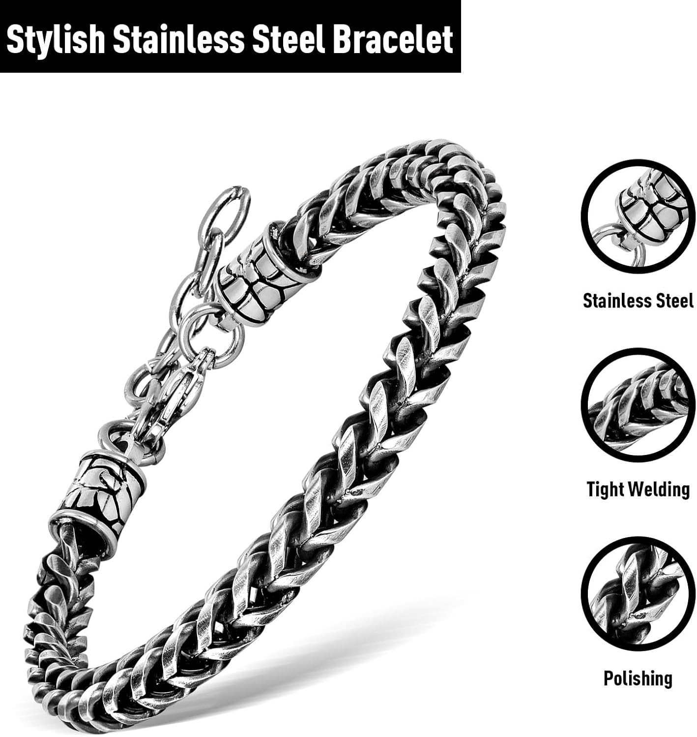 Bracelets for Men, Link Chain Stainless Steel Bracelet for Men, Charm Jewelry for Birthday Annivesary Fathers Day Valentines Christmas, Dad Husband Boyfriend,Casual Trendy Cool Adjustable - Image 3