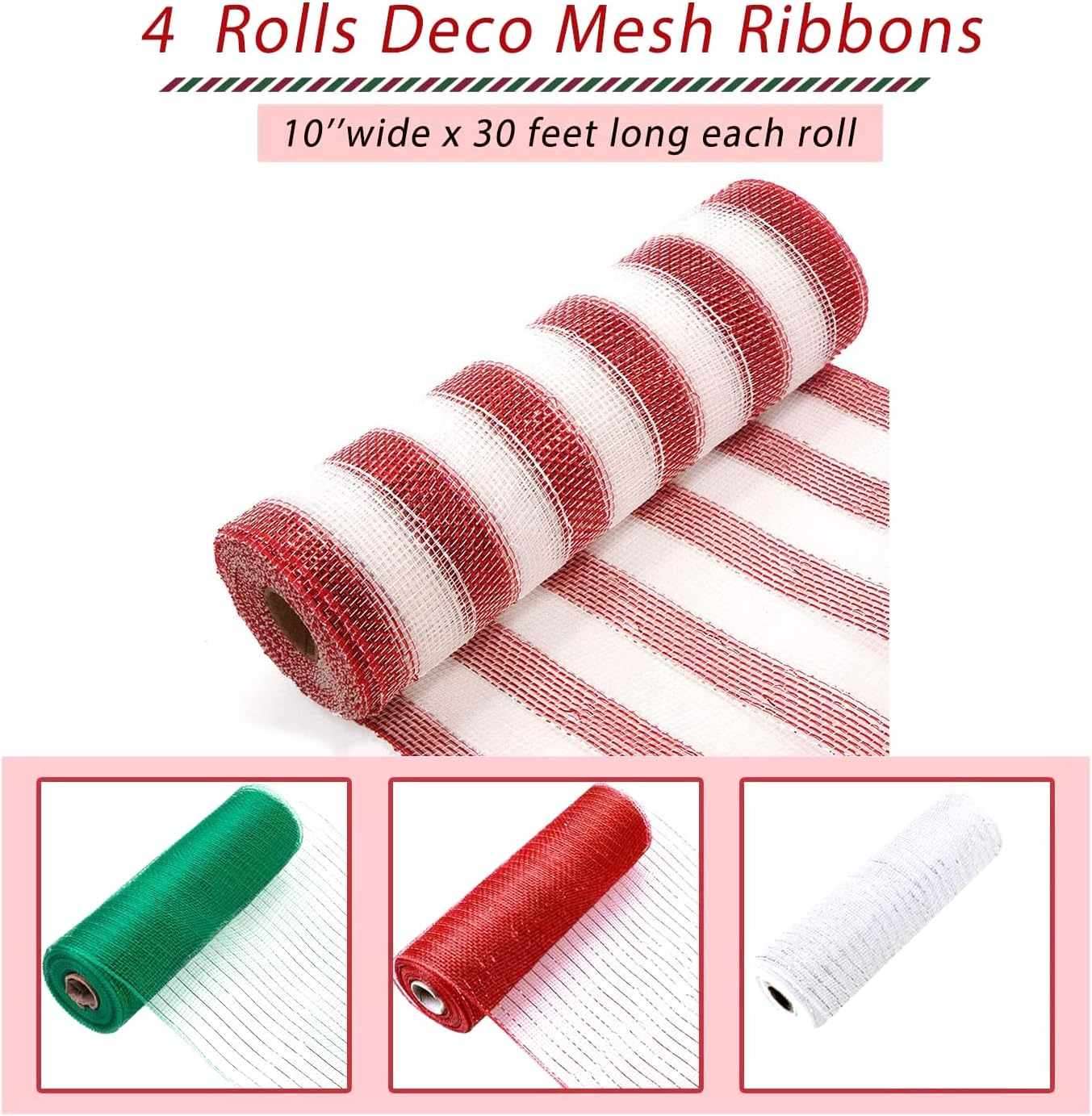 4 Roll Christmas Poly Mesh Ribbon, 10 Inch x 30 Feet Metallic Poly Mesh Ribbon Red Green and White Glitter Foil Decorative Mesh Rolls for DIY Wreath Crafts Party Decoration