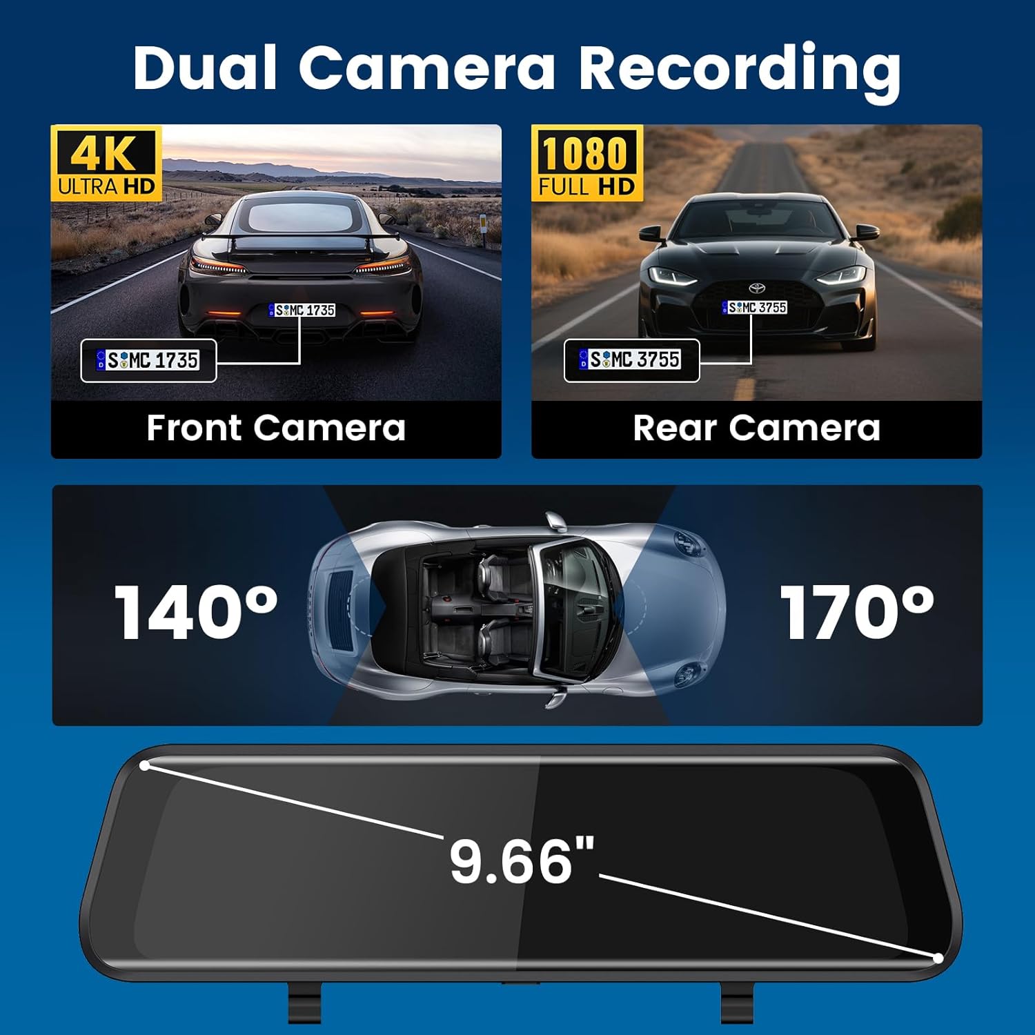 4K Mirror Dash Cam Front and Rear, 10'' Touch Screen Rear Digital View 1080P Rear Mirror Camera for Cars, 170° Night Vision, WDR, 24H Parking Monitoring/Rerverse Assist/Voice Control/G Sensor