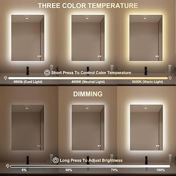 Bathroom Mirror with LED Lights 45 x 60 cm, Anti-Fog, 3 Colors Dimmable, Backlit Light, Asymmetric Lighted Bathroom Vanity Mirror for Wall, Shatterproof Tempered Glass, Memory Function