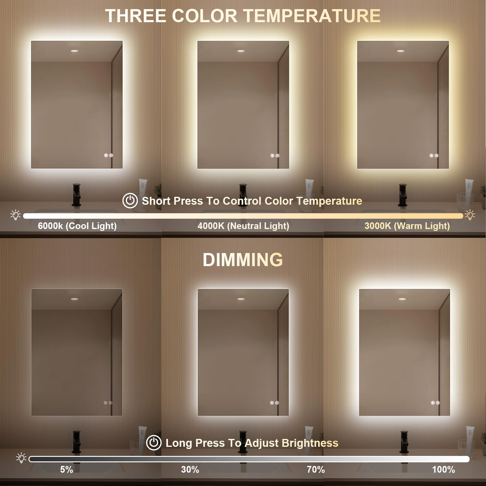 Miroir Salle de Bain avec Eclairage, Miroir LED Salle de Bain, Anti-buée, 3 Couleurs Lumière, Dimmable, Mémoire, Verre trempé HD, IP44, Horizontal/Vertical (Rectangulaire, 80 x 60 cm)