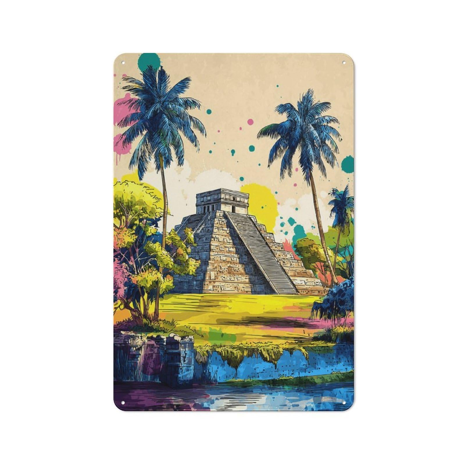 30x20cm Rustic Metal Wall Sign with Colorful Mayan Pyramid Scene for Café Or Home Bar, A Housewarming Gift for Café-style Decor Fans